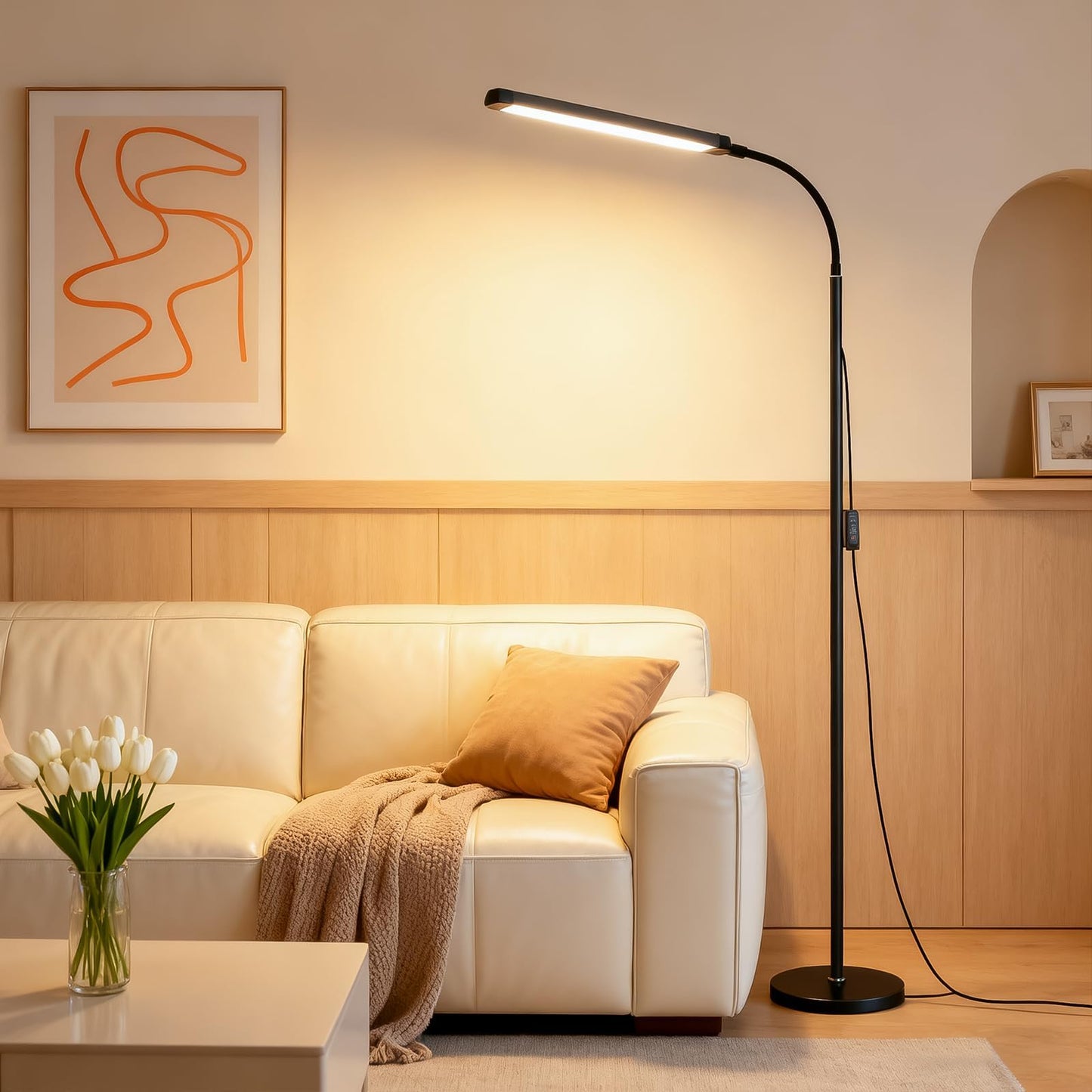Bright 12W LED Flicker-Free Eye Protection Dimming Floor Lamp,3000-6000k,Gooseneck adjustable Standing Reading Lamp for Living Room Bedroom Bedside Office Classroom Task Craft, Black Modern Light