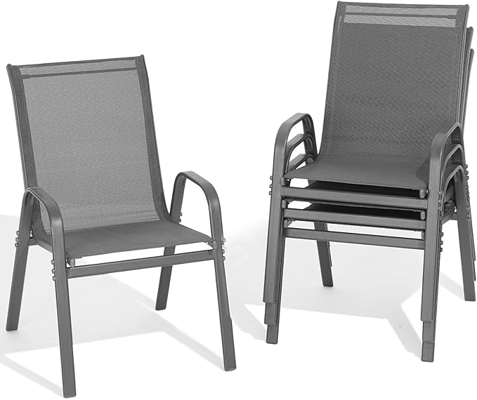 Patio Chairs Set of 4, All Weather Breathable Stackable Outdoor Dining Chairs with High Back and Wide Seat, Easily Set Up Outdoor Chairs Set of 4 with Metal Frame for Backyard Garden Pool, Grey