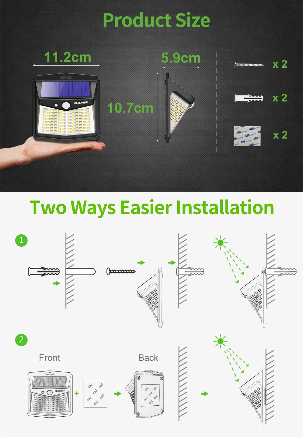 CLAONER Solar Powered Lights Outdoor, Upgraded Wireless 270° IP65 Solar Motion Sensor Security/Wall Light for Front Door, Yard, Garage, Garden, Fence, Cool White (2 Pack)