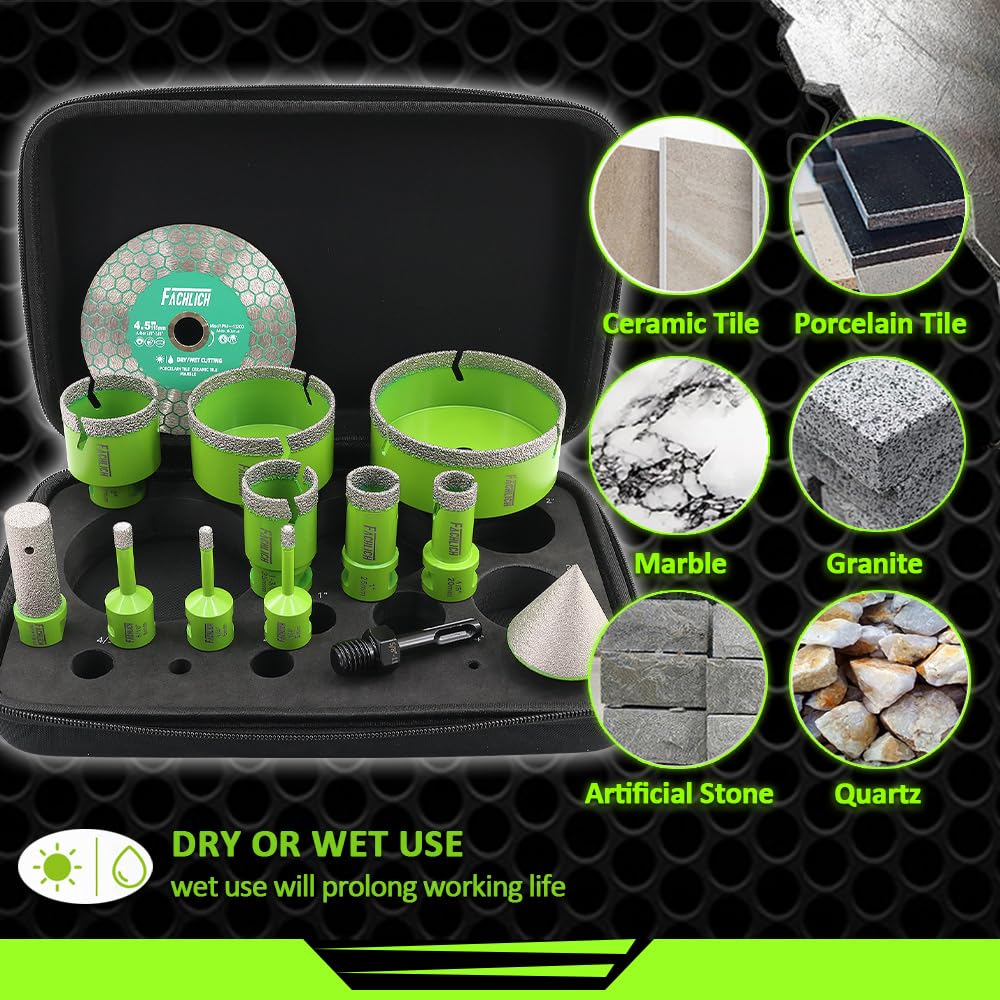 Tile Hole Saw Kit Diamond FACHLICH 4" Diamond Core Drill Bits Set and 4.5" Diamond Cutting Grinding Blade for Porcelain Ceramic Tile Marble Granite etc
