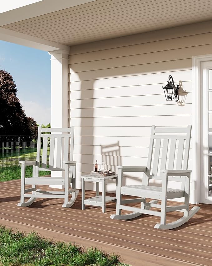 GarveeLife Poly Lumber Rocking Chair Outdoor Set of 2 with Side Table - HDPE High Back Porch Rocker Chairs for Adults - All Weather Resistant Furniture for Patio - White