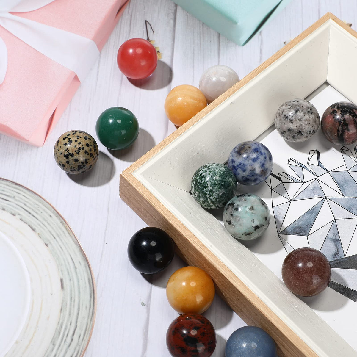 Nuenen 15 Pcs Gemstone Sphere Balls 1 Inch Polished Crystal Sphere Bulk Multi Style Witch Ball Tones Gemstones Pocket Palm Crystals for Witchcraft Meditation Reiki Balancing
