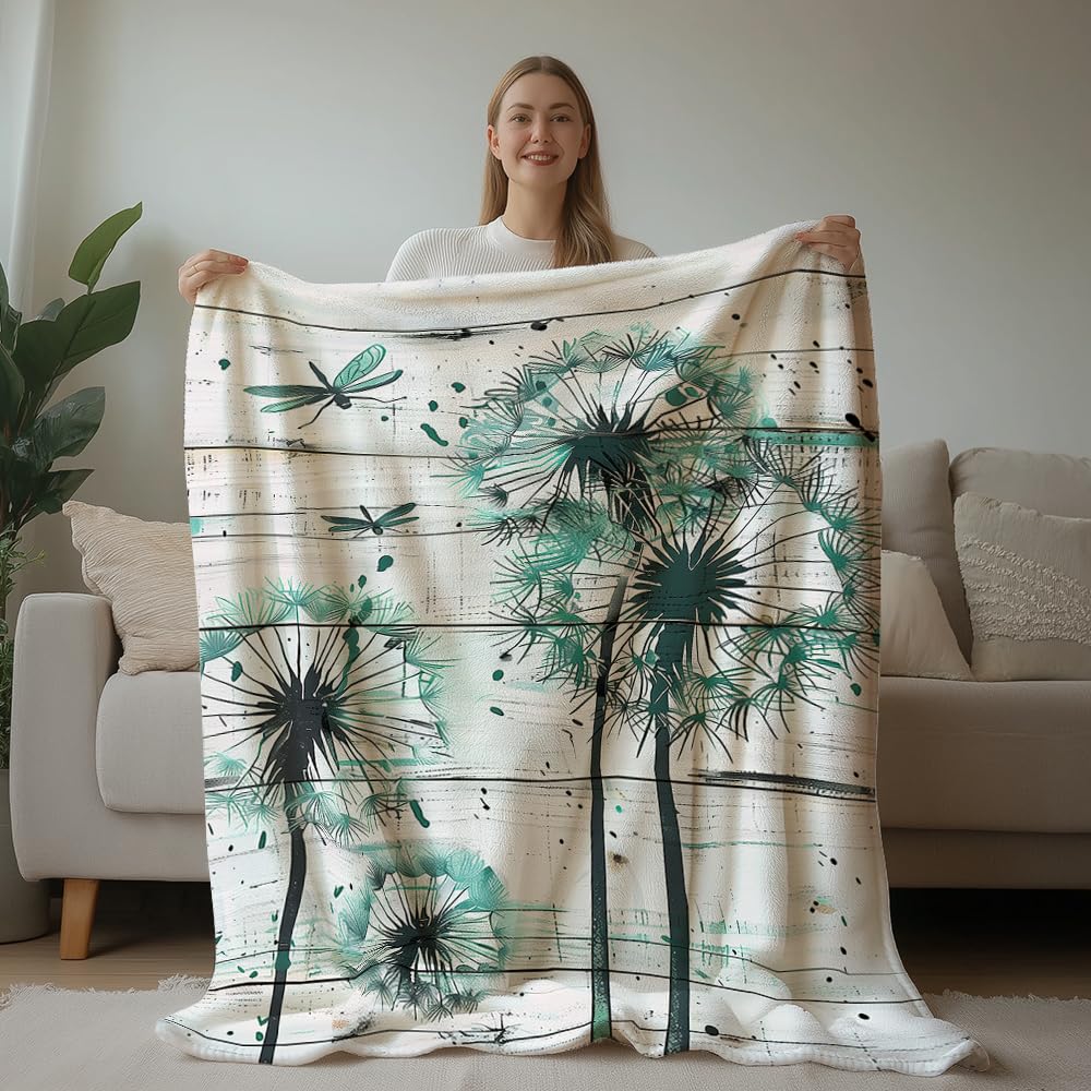 HUNXIAOJ Dandelion Throw Blanket Floral Print Blanket Dandelion Bedding Flower Throw Warm Soft Flannel for Girls Boys Woman Adults Bed Sofa Couch (60 in x 80 in)