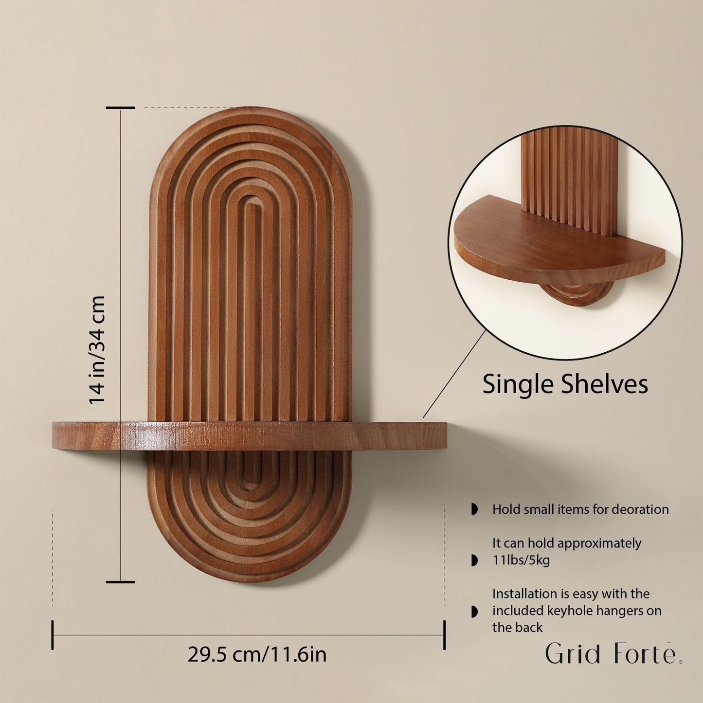 GRID FORTE Modern Wall Shelf (Set of 2) with Arched Wood Design Mid-Century Single Floating Rainbow Shelves for Indoor Decoration Holding Planter Ornaments, 14 x 11.6 Inch (Walnut)