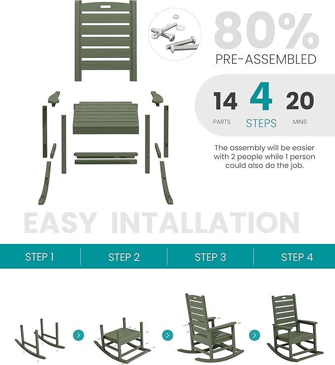 SERWALL Outdoor Rocking Chair Set of 2, Oversized Rocking Chair with Footboard for Adults, HDPE All Weather Resistant Rocking Chairs for Patio, 350lbs Weight Capacity,Avocado Green
