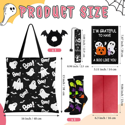 Paterr 5 Pcs Halloween Boo Basket Gift Set Spooky Tote Bag Cute Bookmarks Ghost Socks Bat Scrunchy Greeting Card Boo Basket Stuffer for Women