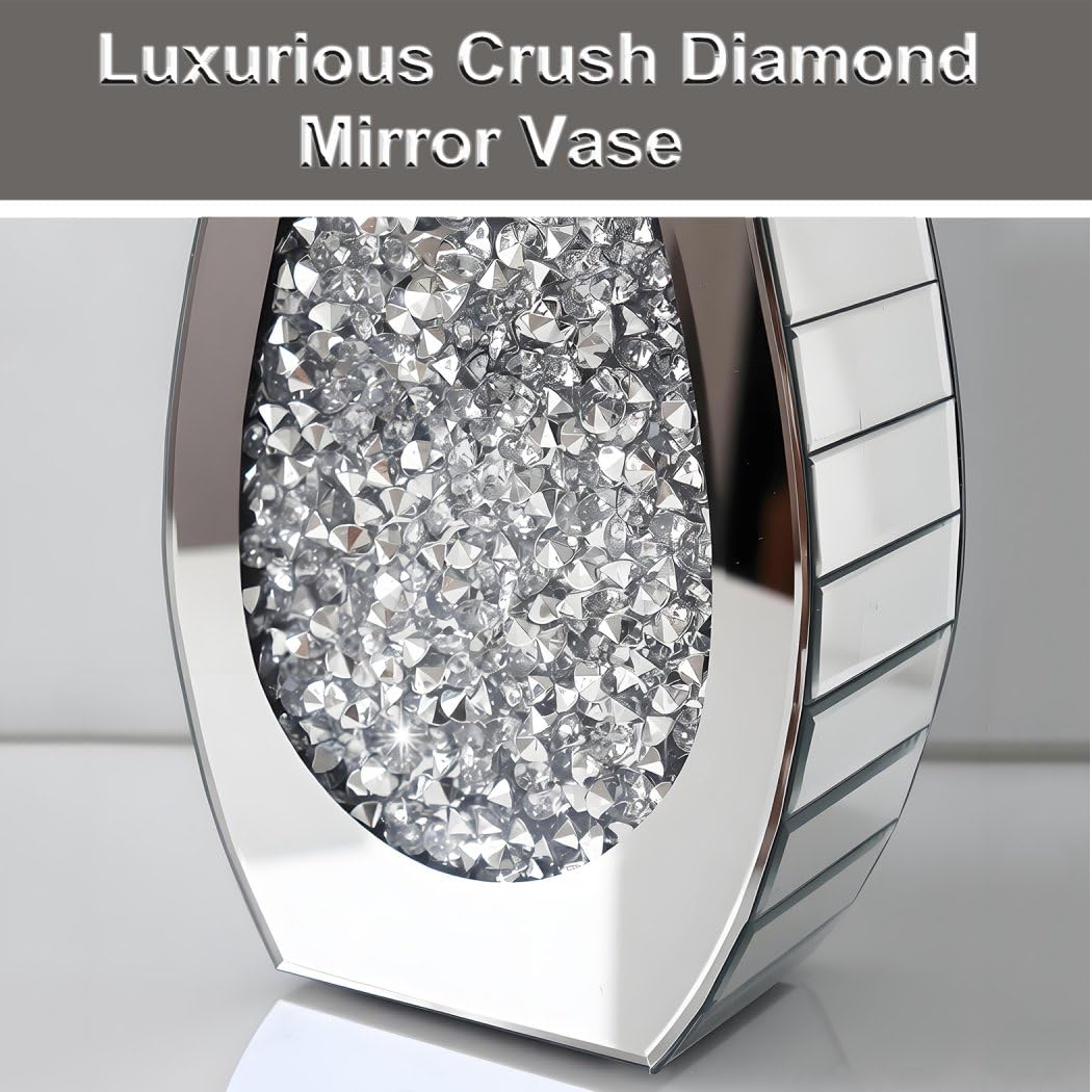 15" Crushed Diamond Mirror Vase, Silver Luxury Table Decor