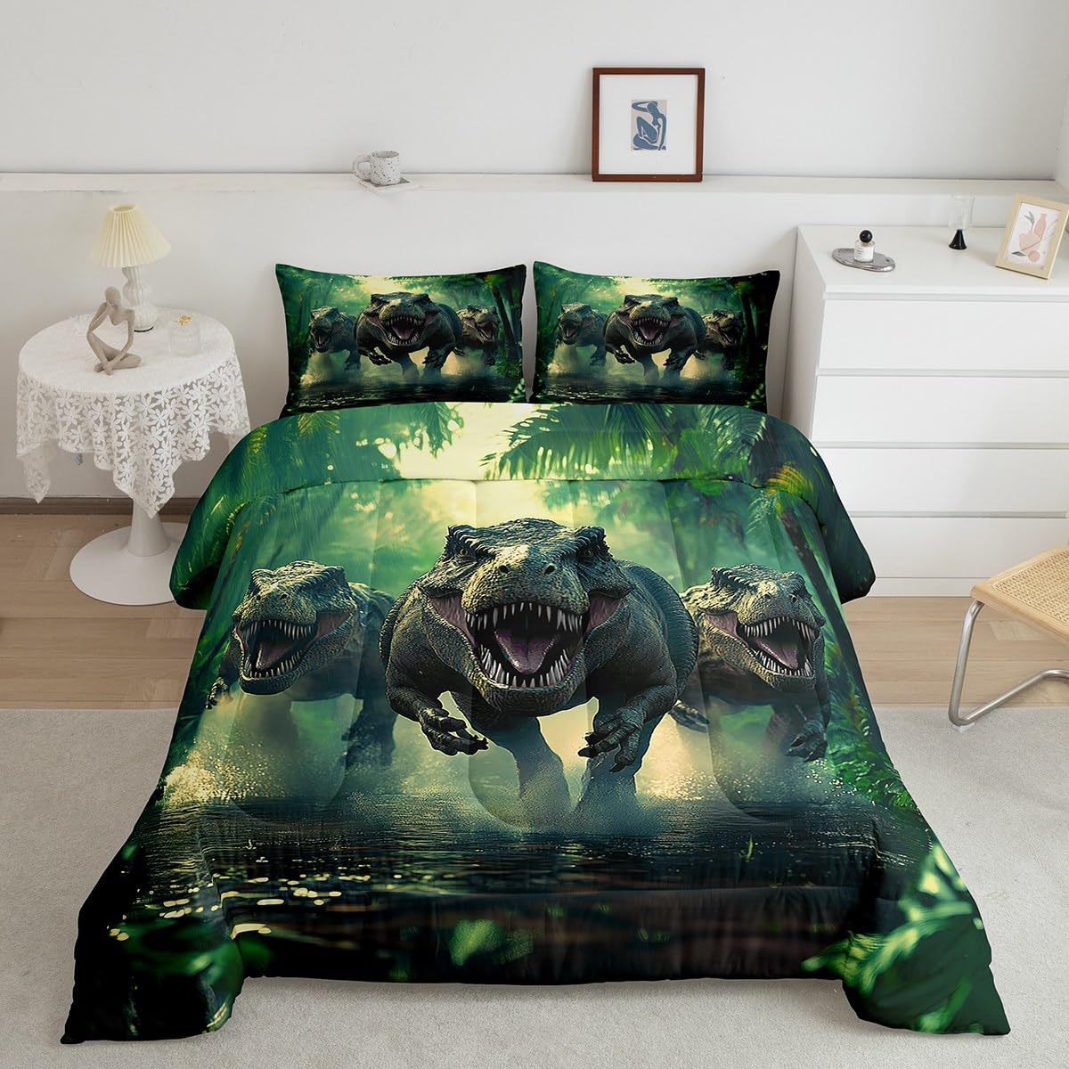 Feelyou Kids Dino Comforter Set Twin Size for Boys Green Dinosaur Bedding Soft Microfiber Dino Bed Set All Season Dinosaur Duvet Quilt with 1 Comforter + 1 Pillowcase