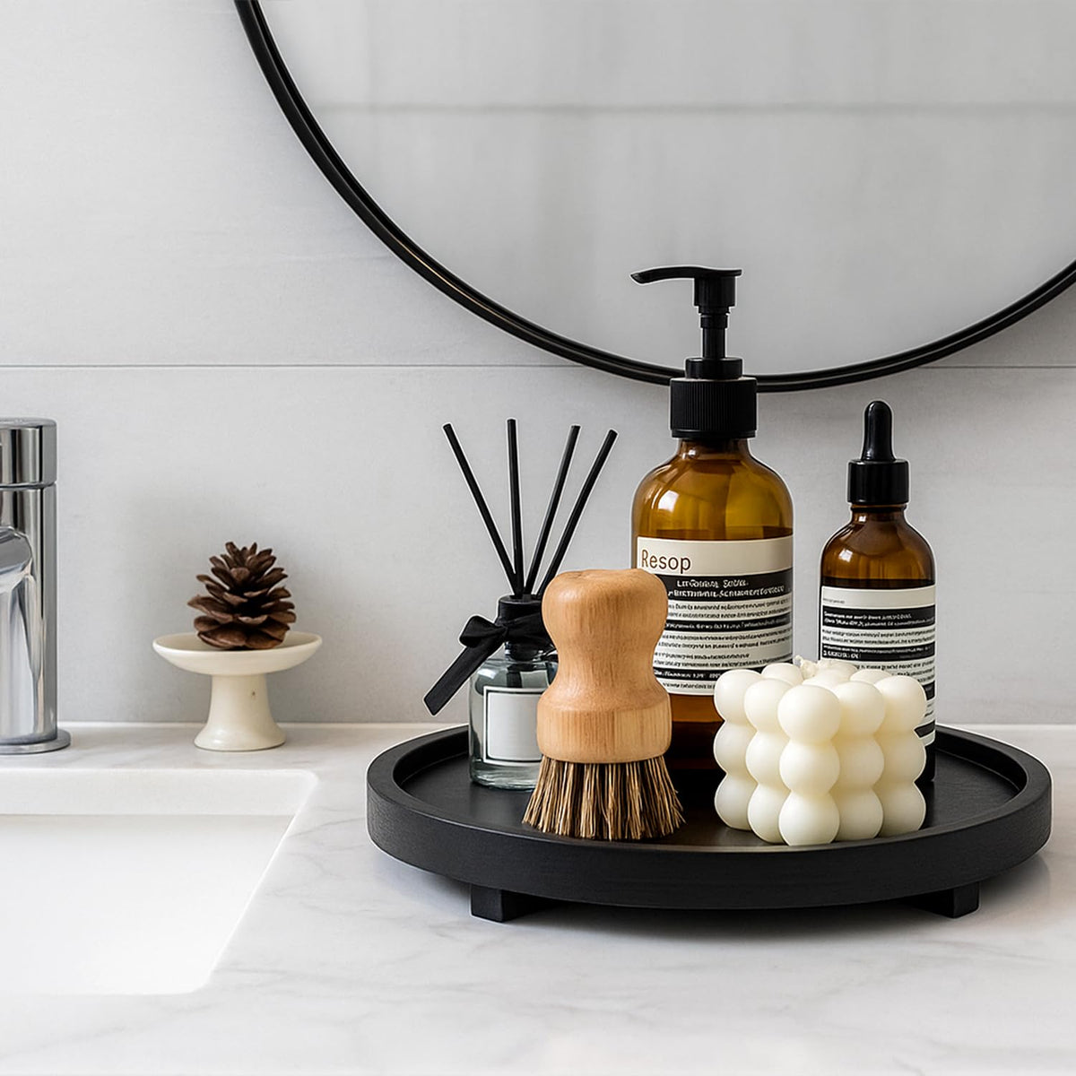 Black Decorative Wooden Tray for Kitchen Counter Bathroom Accessories Sink Vanity Trays Wood Riser Candle Pedestal Stand for Perfume Soap Trays Round Dining Coffee Table Small Rustic Home Decor Tray