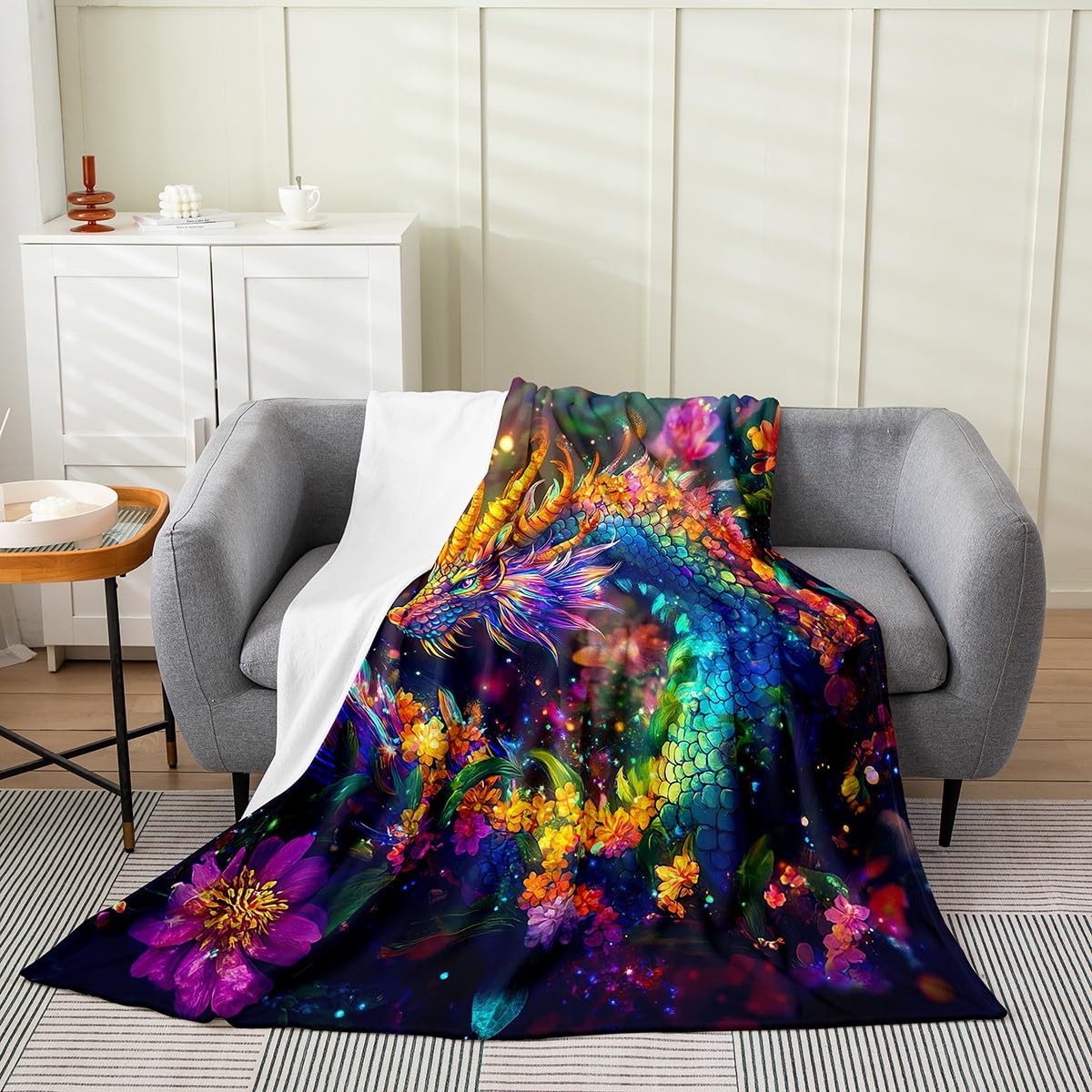 Feelyou Dragon Plush Throw Blanket Queen 90"x90" Flower Dragon Flannel Fleece Blanket for Boys Girls Teens Wild Life All Season Bed Blanket Dragon Decor Blanket Room Decor Clorful