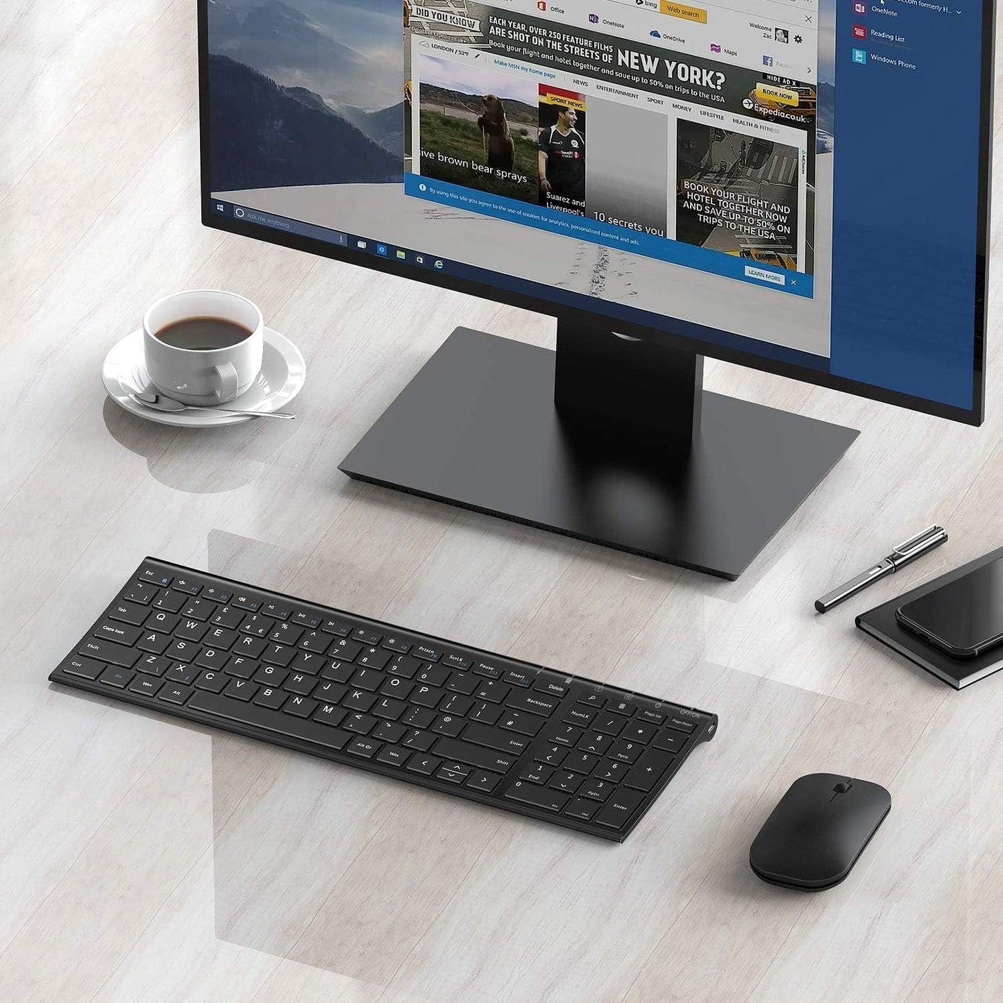 seenda WGJP-031B Wireless Keyboard Mouse Set, Ultra Thin Compact Rechargeable Aluminum Silent Computer Keyboard & Mouse Combo UK QWERTY Layout for Office, Home, Business, Black