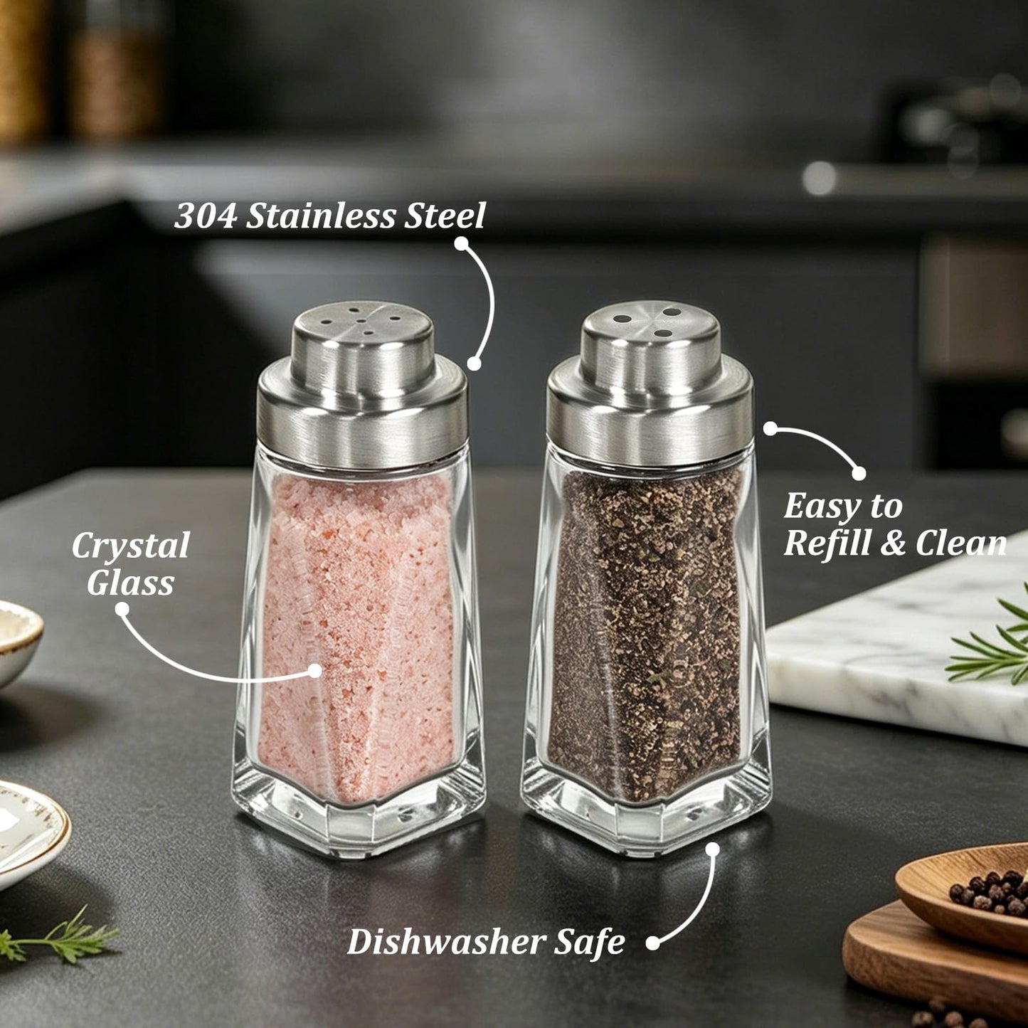 Aelga Glass Salt and Pepper Shakers Set - Pepper Shaker with Big & Small Hole Lid - Elegant Farmhouse Kitchen Decoration(2pcs)