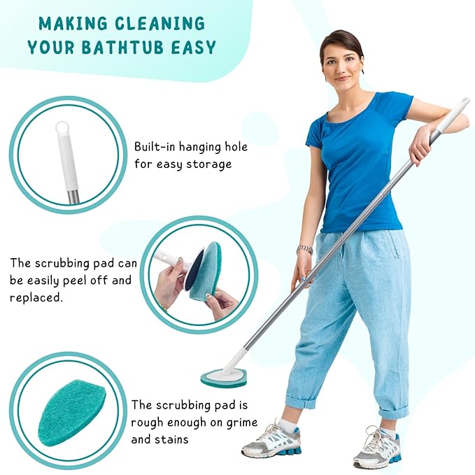 Shower Scrubber with Long Handle, Bathroom Tub and Tile Cleaning Tool with 6