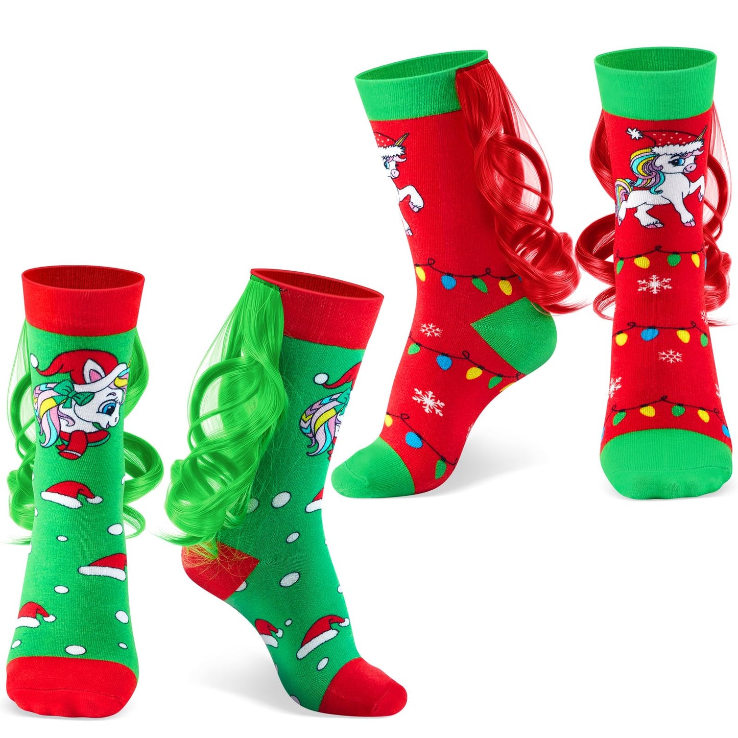 Tarpop 2 Pairs Crazy Funny Silly Socks for Girls Woman Wacky Socks with Wigs Novelty Crazy Funny Gift for Christmas(Christmas Unicorn,Medium)