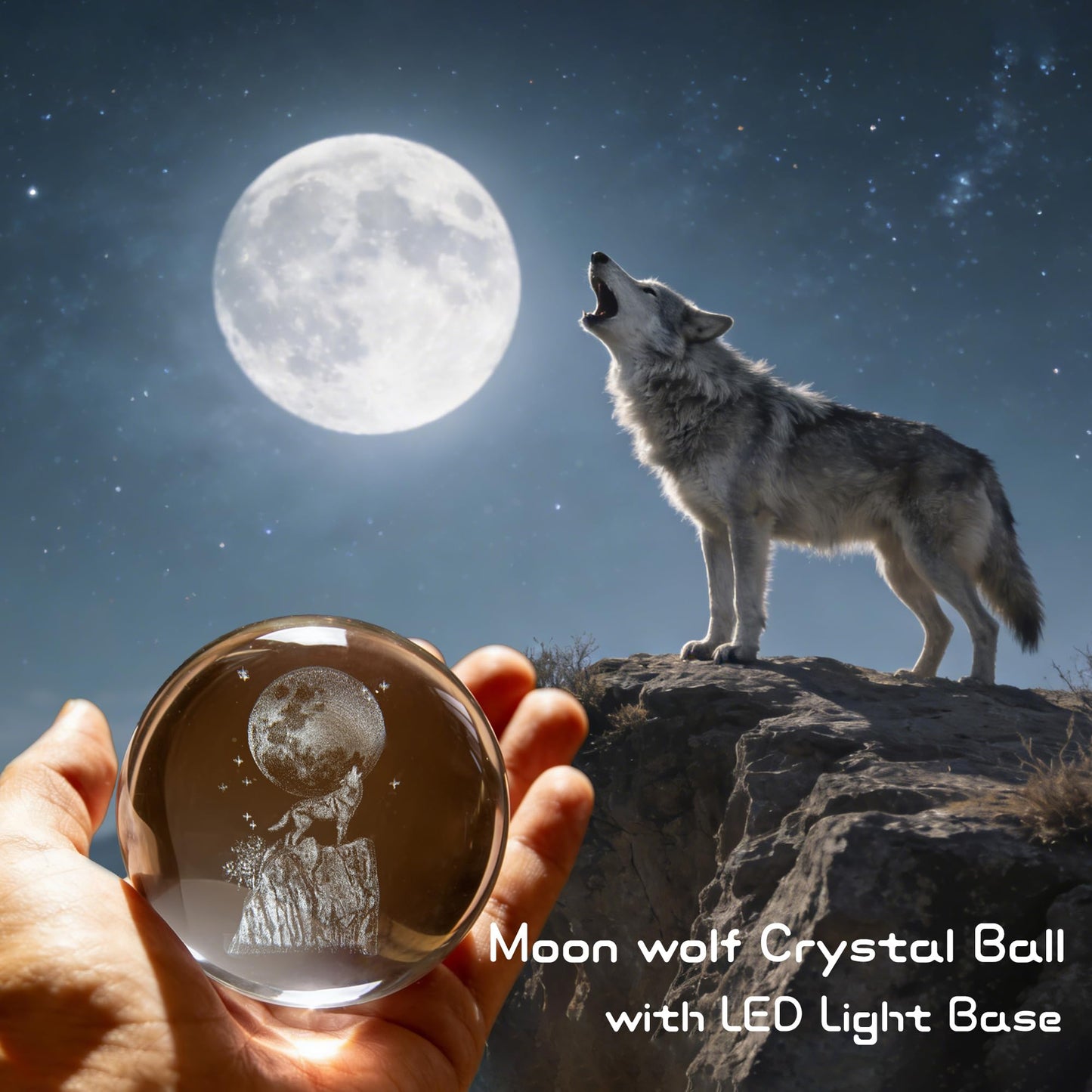 QIANCHANG Wolf Howling 3D Crystal Ball with LED Stand, 80mm Glass Sphere Night Light Lamp, Crystal Animal Figurines Collectibles, Wolf Lover Gifts for Men & Women
