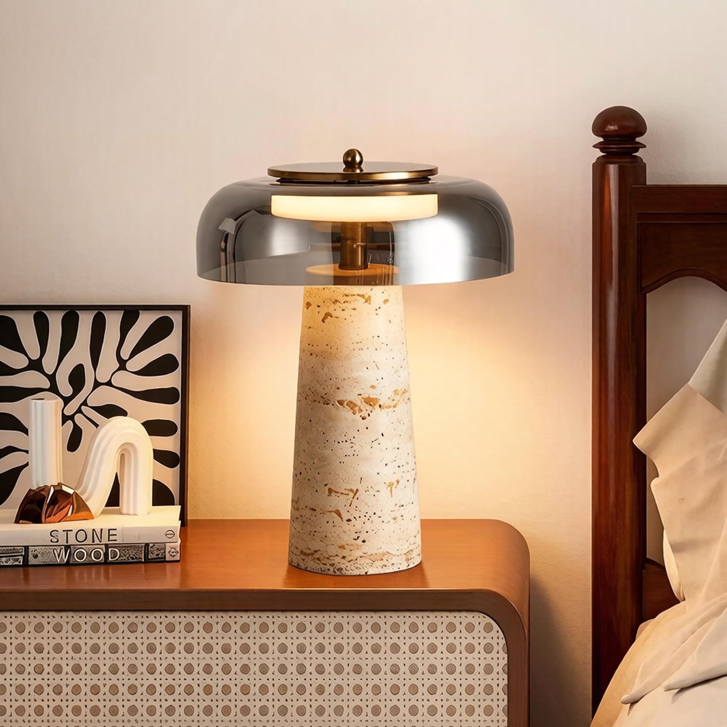 Travertine Lamp, Natural Stone Table Lamps with Glass Shade, 12W Mushroom Bedside Nightstand Light Decor for Bedroom Living Room Office Console Side Entryway Counter Gifts (Smoked Glass+Travertine)