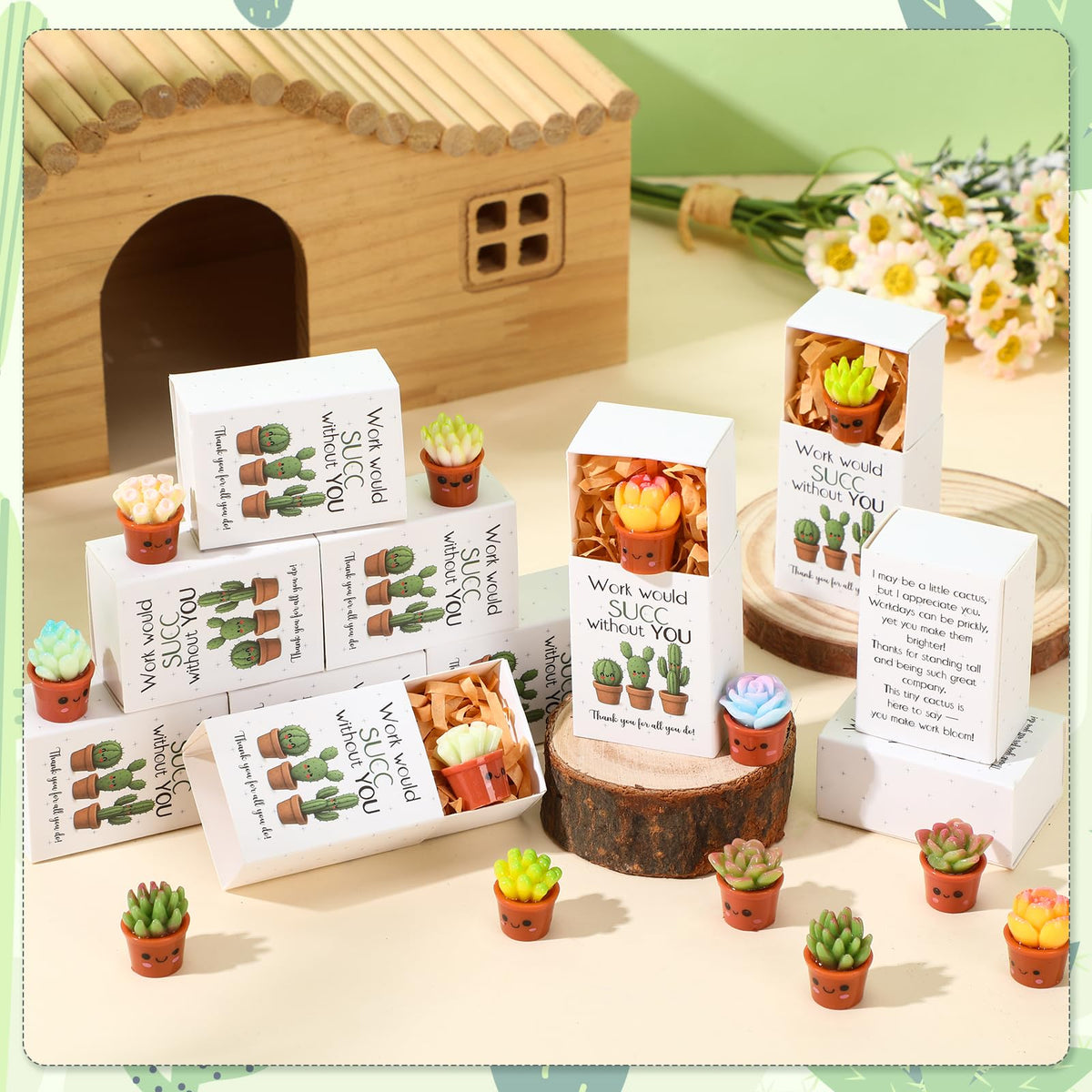 Jenaai Succulent Thank You Gift Bulk Positive for Teacher Nurse Employee Coworker Resin Cute Succulent Gifts Small Cactus Pocket Desk Favors with Positive Pun Boxes for Team Staff