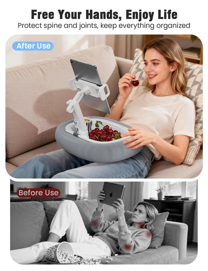 Tablet Kindle Pillow Stand Holder Free Adjustment with 3 Divided Trays Fit 4''-13'' Phone Kindle iPad Holder Stand Ultra Stable for Bed Soft Plus Fabric Dust Cover Lap Desk Kindle Accessories Gray