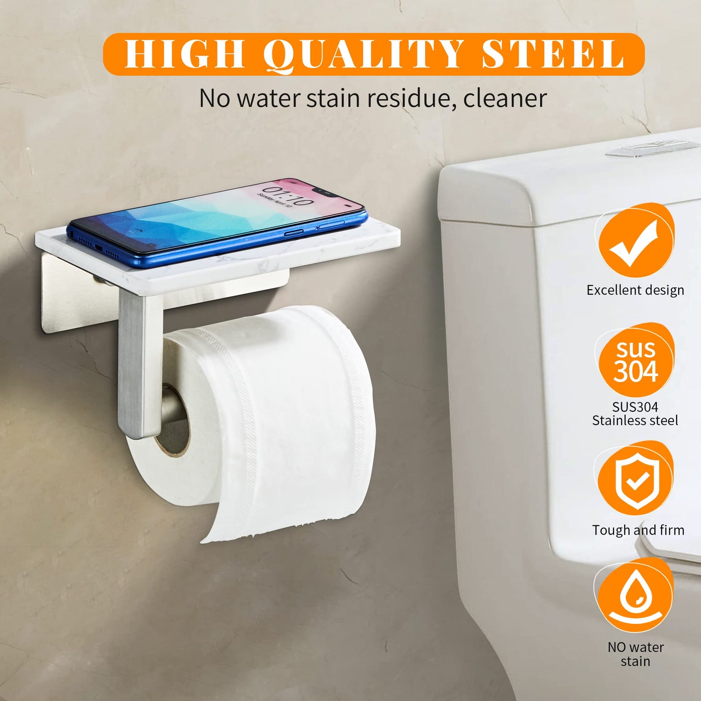 Brushed Nickel Toilet Paper Holder with Shelf, 304 Stainless Steel Screw Wall Mounted, Marble Tissue Roll Holder with Storage