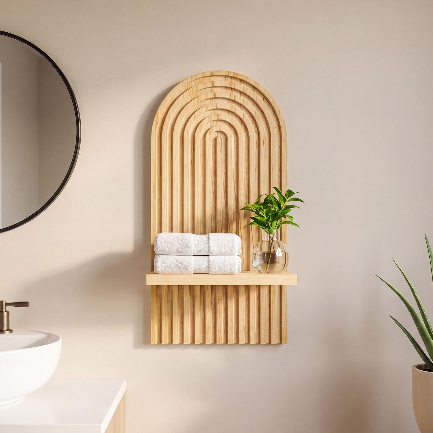 KMUXXIN Boho Wall Shelf, 14" MCM Arched Decorative Floating Shelves, Wooden Round Shelf for Plants, Entryway, Bathroom & Bedroom, Natural Oak