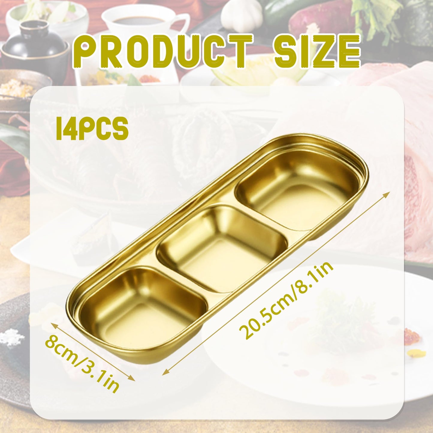 14 Pcs Soy Sauce Dish Stainless Steel Divided Dip Bowls Korean Sauce Plate Seasoning Dipping Condiment Tray for Sushi BBQ Vinegar Spice Salt Sugar Flavor Home Kitchen Restaurant (Gold, 3 Compartment)
