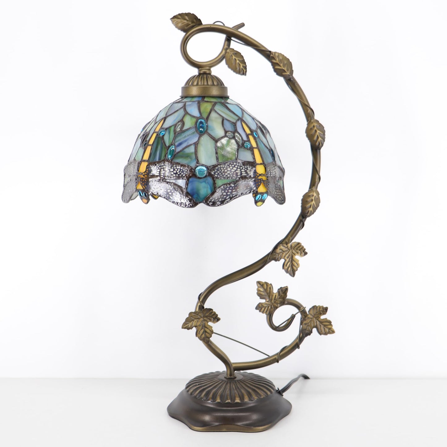 HWDFEI Tiffany Table Lamp, Stained Glass Desk Reading Light,Metal Leaf Table Lamp Base 8X10X21 Inches (Brown Dragonfly)