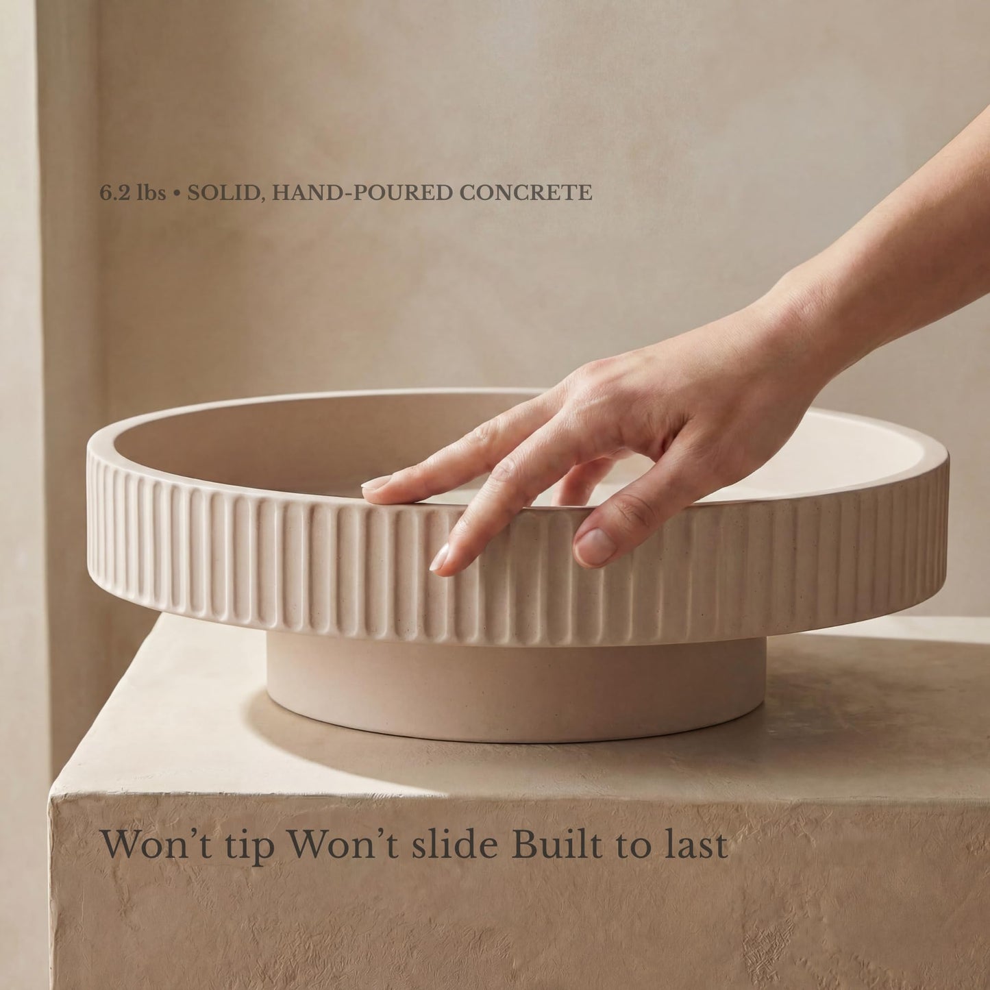 JUPTR Concrete Fruit Bowl (12") – Shallow Fluted Pedestal Decorative Centerpiece Bowl for Table, Entryway Catch-All & Modern Home Decor – Heavyweight Stone Bowl (Beige)