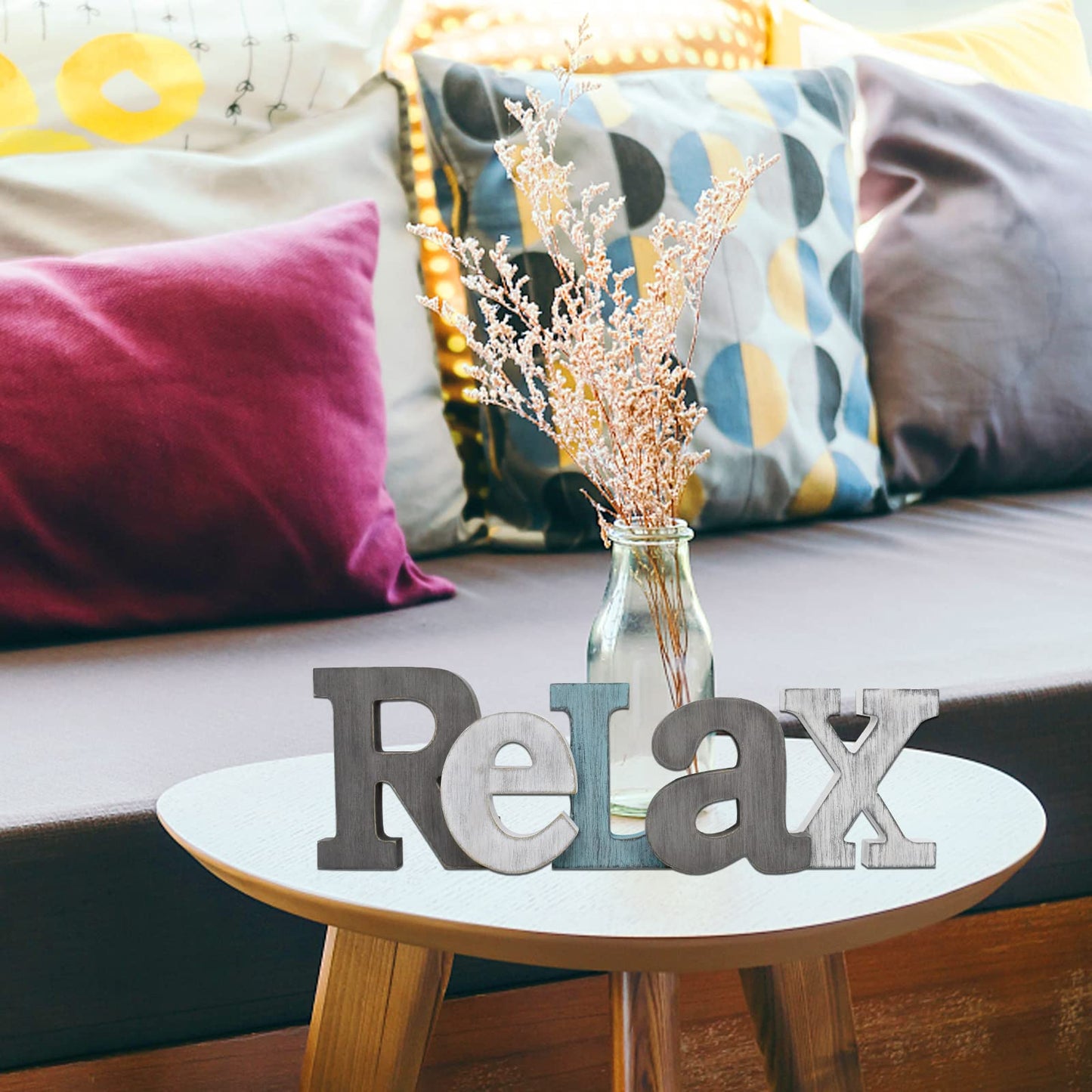 Rustic Wooden Teal Home Sign Decorative Cutout Letters Freestanding Block Word Sign Hanging Ornament Table Shelf Decor (Relax)