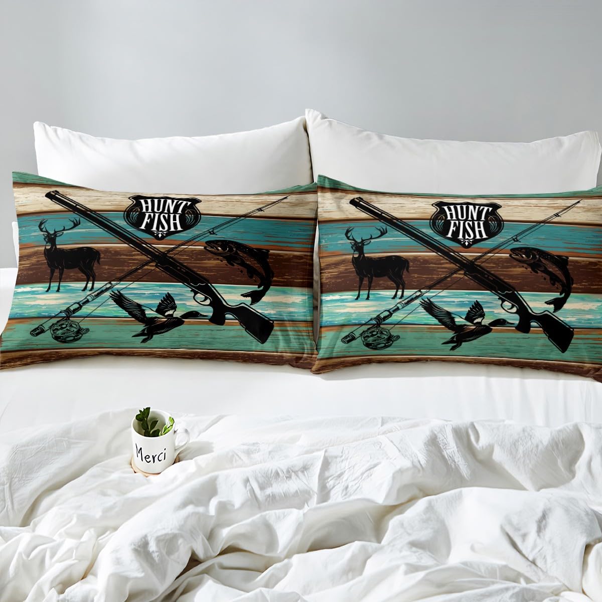 Kids Wild Animal Hunting Fitted Sheet Set Full Size 4pcs,Hunt Fish Themed Retro Bedding Sets(1 Fitted, 1 Flat, 2 Pillowcases) Farmhouse Rustic Wooden Board Luxury Deep Pocket Bed Sheets, Modern