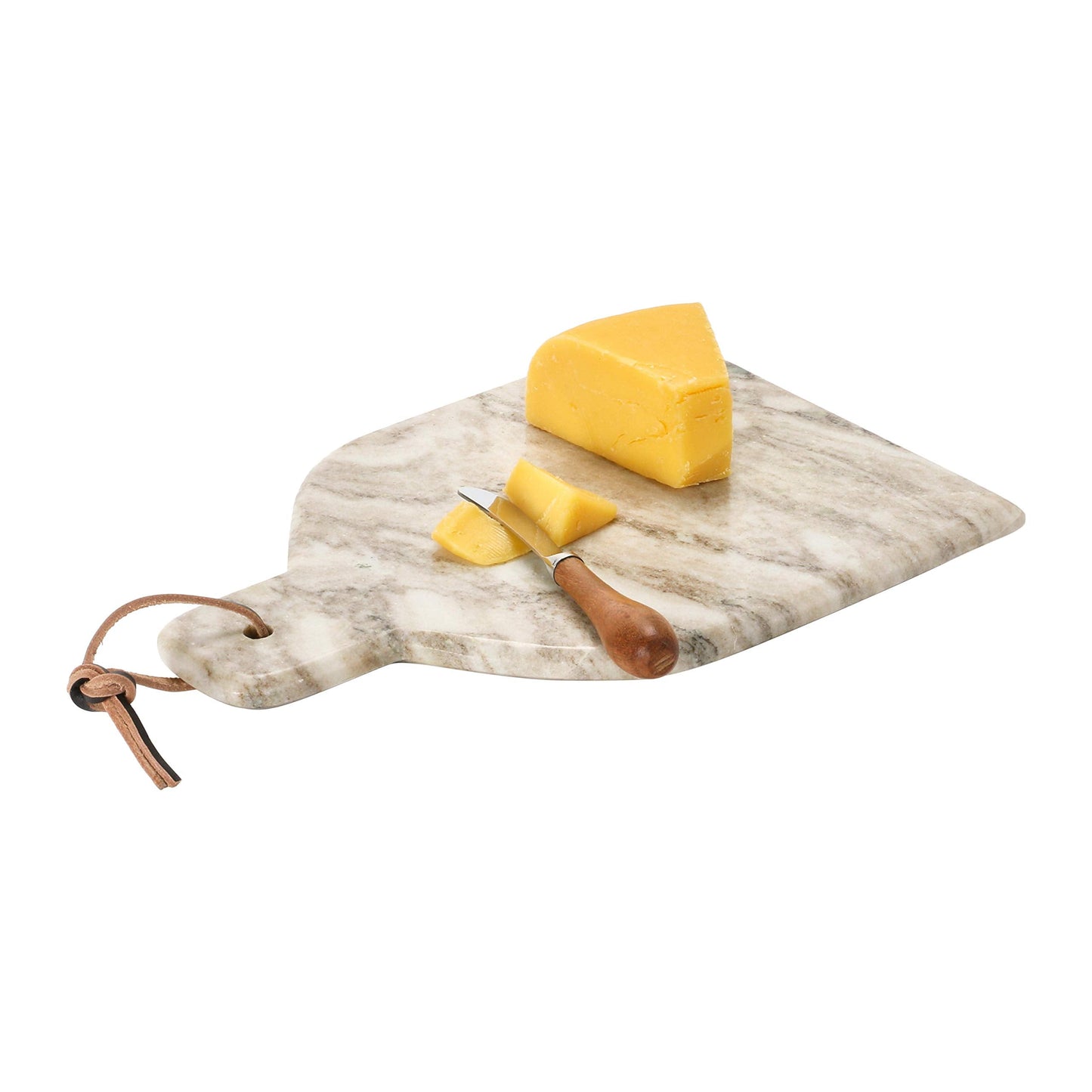 Creative Co-Op Marble Cheese and Cutting Board with Handle, Leather Tie and Canape Knife, Buff, Set of 2