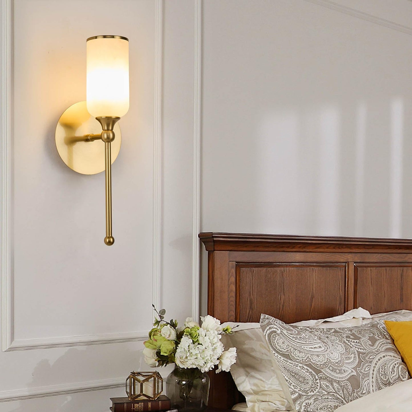 Fanyank Vintage Alabaster Wall Sconce, 15.4inch Natural Marble Lampshade Wall Sconce, Hardwired Sconce LED Modern Wall Lamp for Bedroom, Stairs, Living Room, Bedside, Hallway Gold
