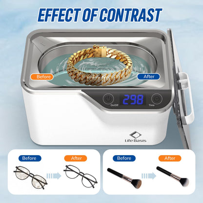 LifeBasis CDS-100 Ultrasonic Cleaner Jewellery Cleaner 600ML 42KHz,Silver Cleaner with Cleaning Basket Watch Stand for Jewelry Necklace Ring Glass Watch Denture Guin-ness Surger Cans（White）