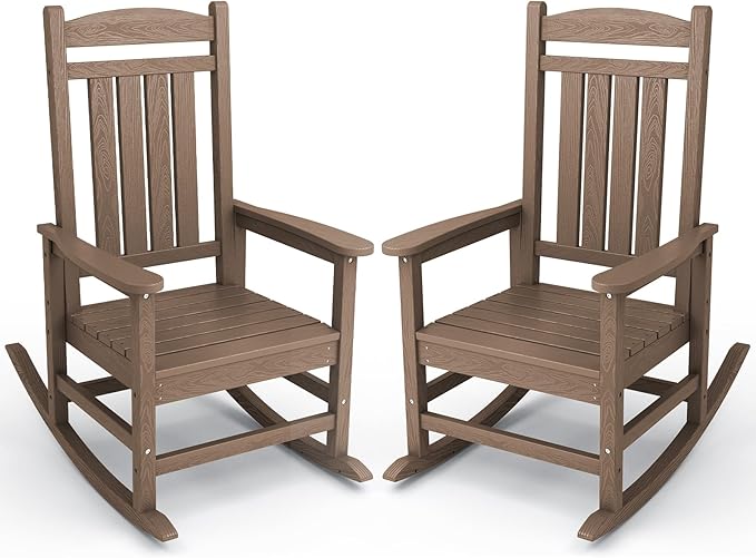 KINGYES Outdoor Rocking Chair Set of 2, High Density Polyethylene Patio Rocking Chairs with 330lbs Support for Adults, Brown