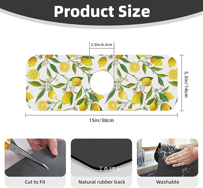 Yellow Lemon Teal Kitchen Sink Splash Guard Faucet Mat 1 Pcs, Absorbent Fast