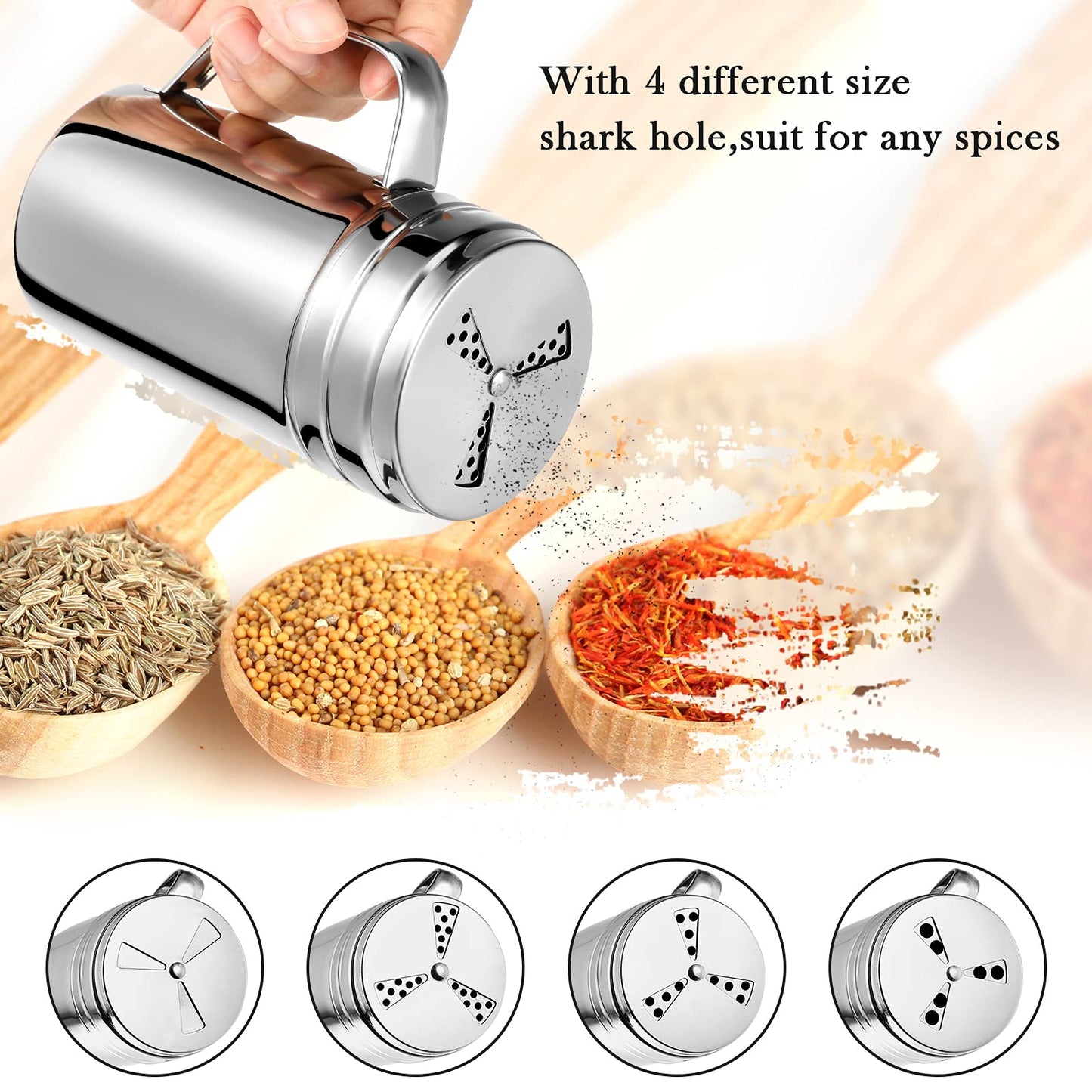 3 Pieces Seasoning Bottle with Handle Stainless Steel Spice Shaker Metal Versatile Dredge Shaker with Rotating Cover for Cooking Kitchen Gadget (Fan Style Lid,Large)