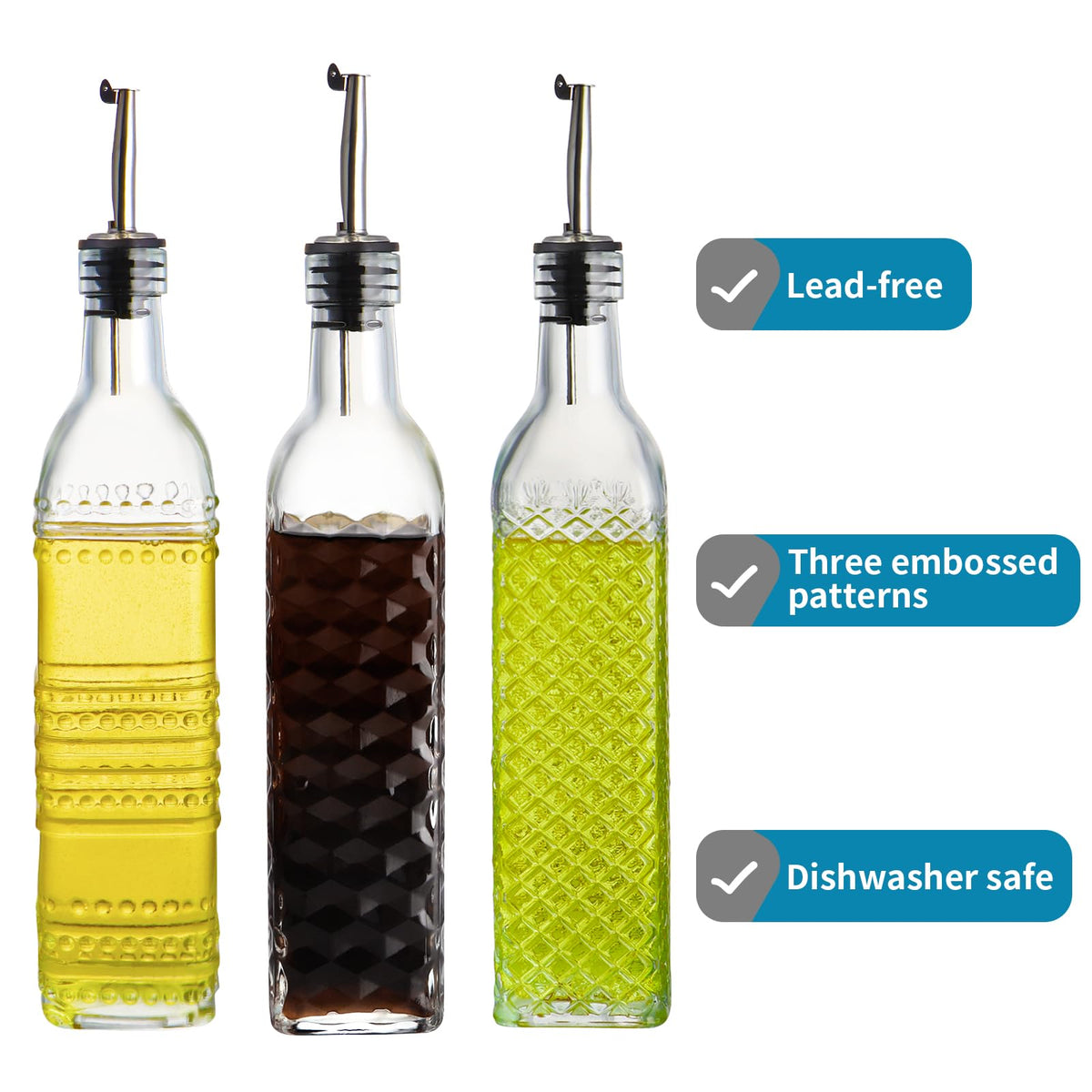 MDLUU Oil and Vinegar Dispenser Set, 17oz Clear Glass Olive Oil Bottles, Kitchen Vinegar Decanters with 3 Spouts, 3 Plugs, 1 Funnel, Pack of 3