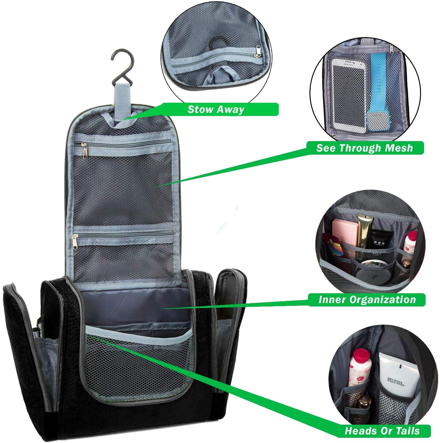 Bago Travel Hanging Toiletry Wash Bag - Large Waterproof Organizer for Women and Men - Cosmetic Essentials (Black)