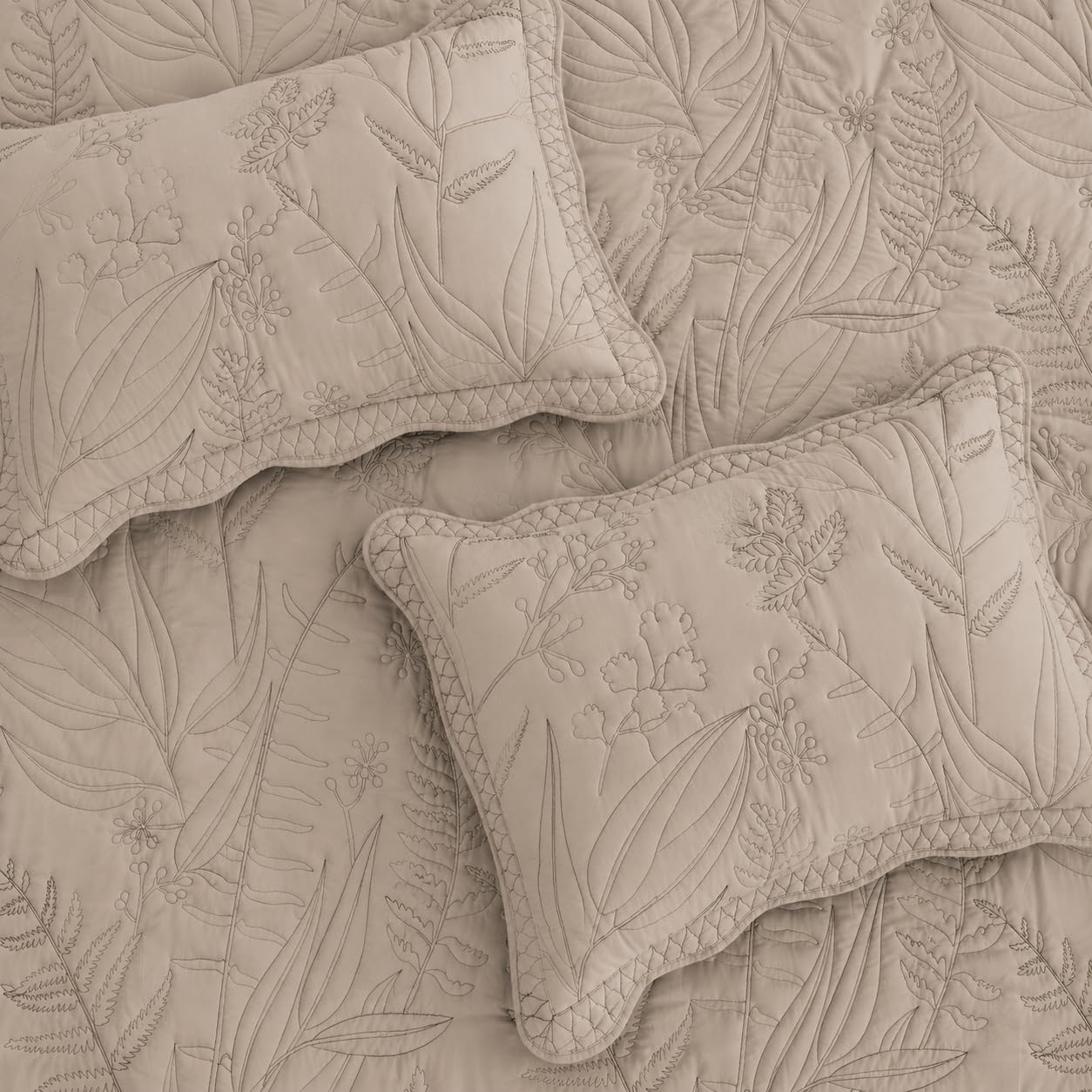 DaisyHuang Botanical Oversized Bedspread King Size - Leaves Pattern Stitching Quilt Set - Elegant & Fresh Style Bedding Coverlets, Reversible, Lightweight, 5 Piece, Taupe