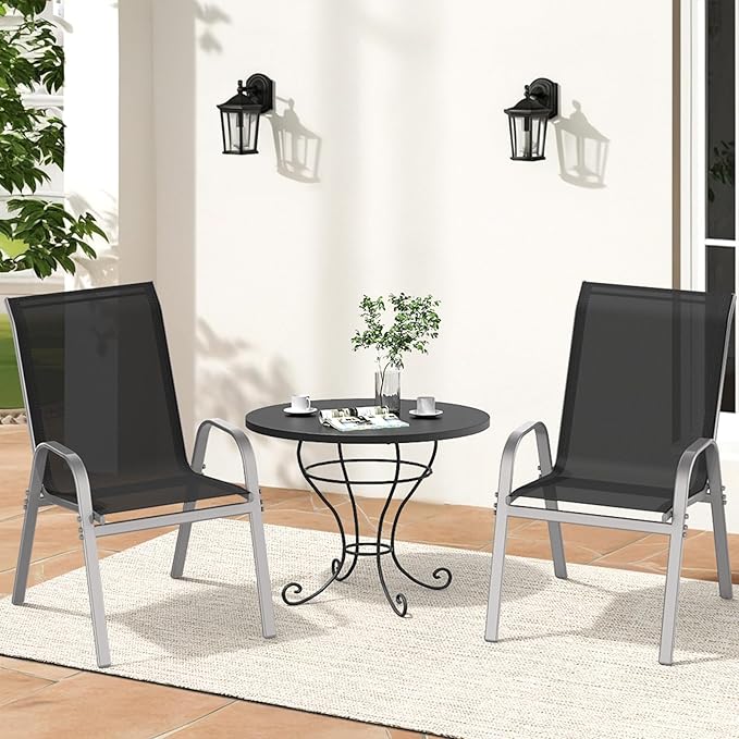 Patio Chairs Set of 2, Easily Set Up Stackable Outdoor Dining Chairs with High Back and Wide Seat, All Weather Breathable Outdoor Chairs Set of 2 with Metal Frame for Backyard Deck Pool, Black