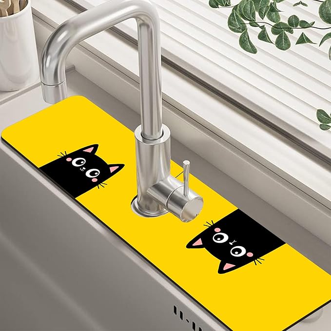 Cute Black Cat Head Kitchen Sink Splash Guard Mat Absorbent Fast Drying Mat