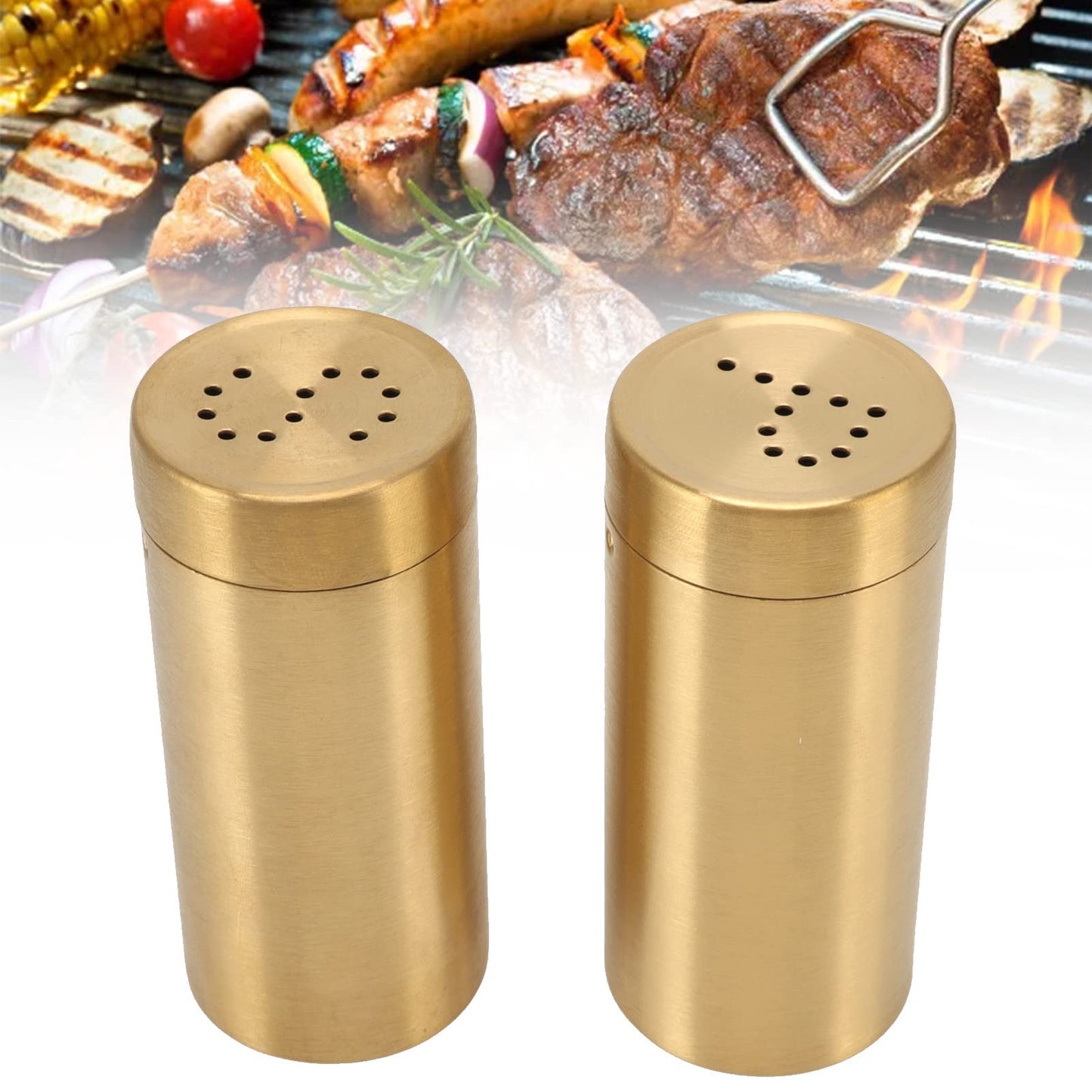 Stainless Steel Salt Shaker Gold 2 Pack with Fine Mesh for Salt Sugar Shaker Kitchen Seasoning Container
