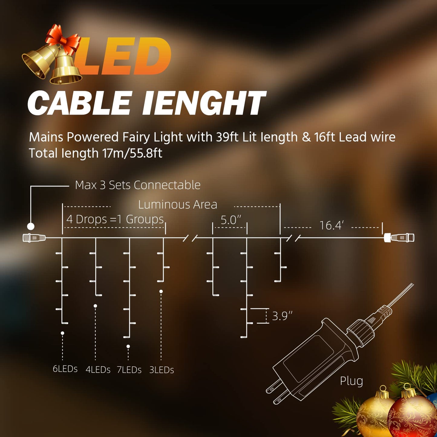USOKYO Icicle Christmas Lights Outdoor, 480 LED 39FT Icicle String Lights with 96 Drops 8 Modes and Timer, Twinkle Icicle Fairy Lights for House Patio Bedroom Wedding (Warm White)