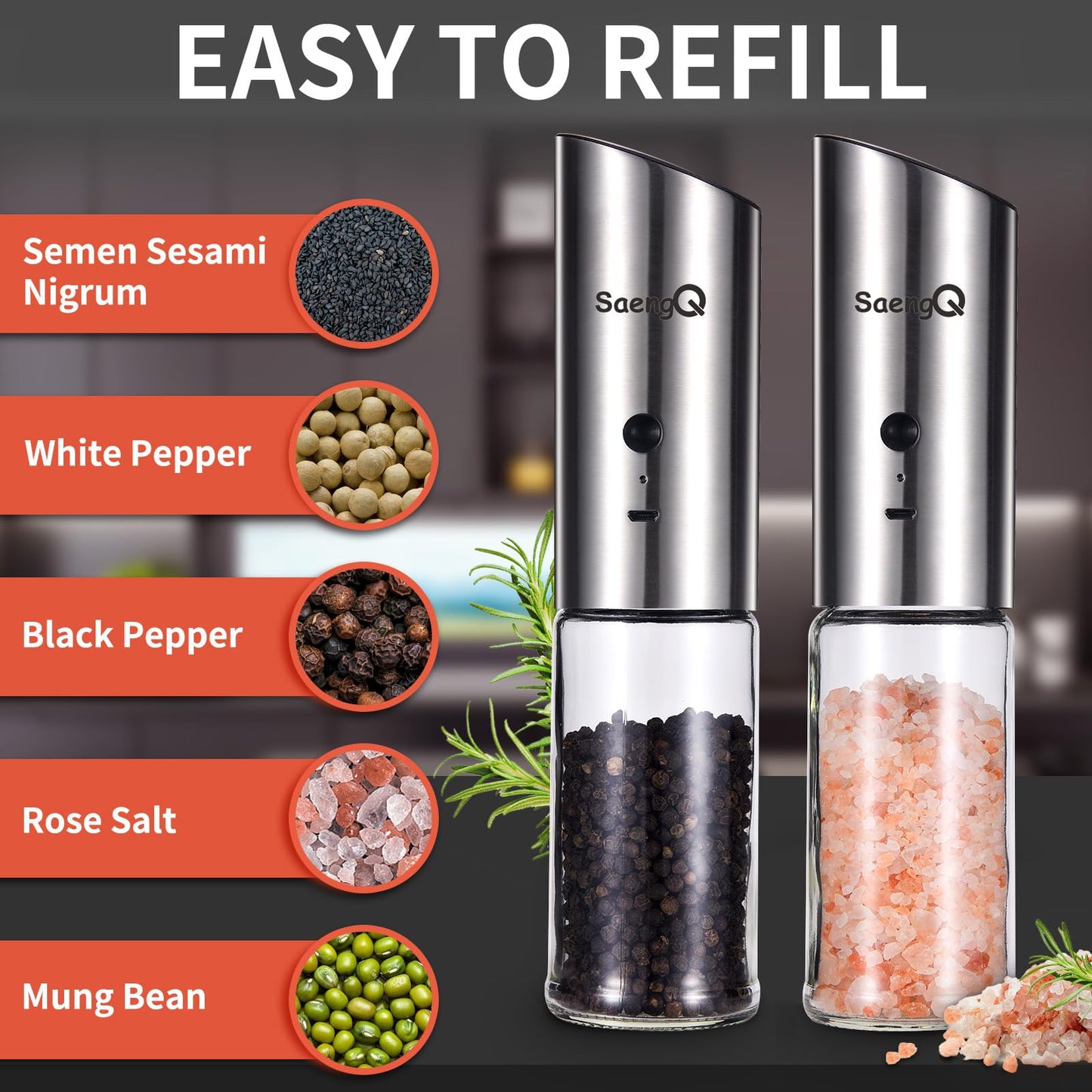 Electric Salt and Pepper Grinder Set - USB Rechargeable Gravity Salt and Pepper Shakers, Automatic Glass Mill with Adjustable Coarseness, LED Light, One-Hand Operation for Kitchen & Dining