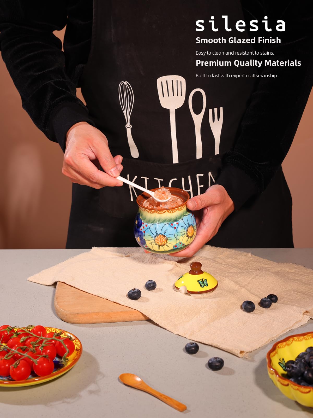 silesia Handmade Sugar Bowl with Lid and Spoon, 9 Ounce Ceramic Hand-Painted Sugar Jar for Home in Gift Box, Kitchen Decor, Oven, Dishwasher & Microwave Safe, Glazed Yellow