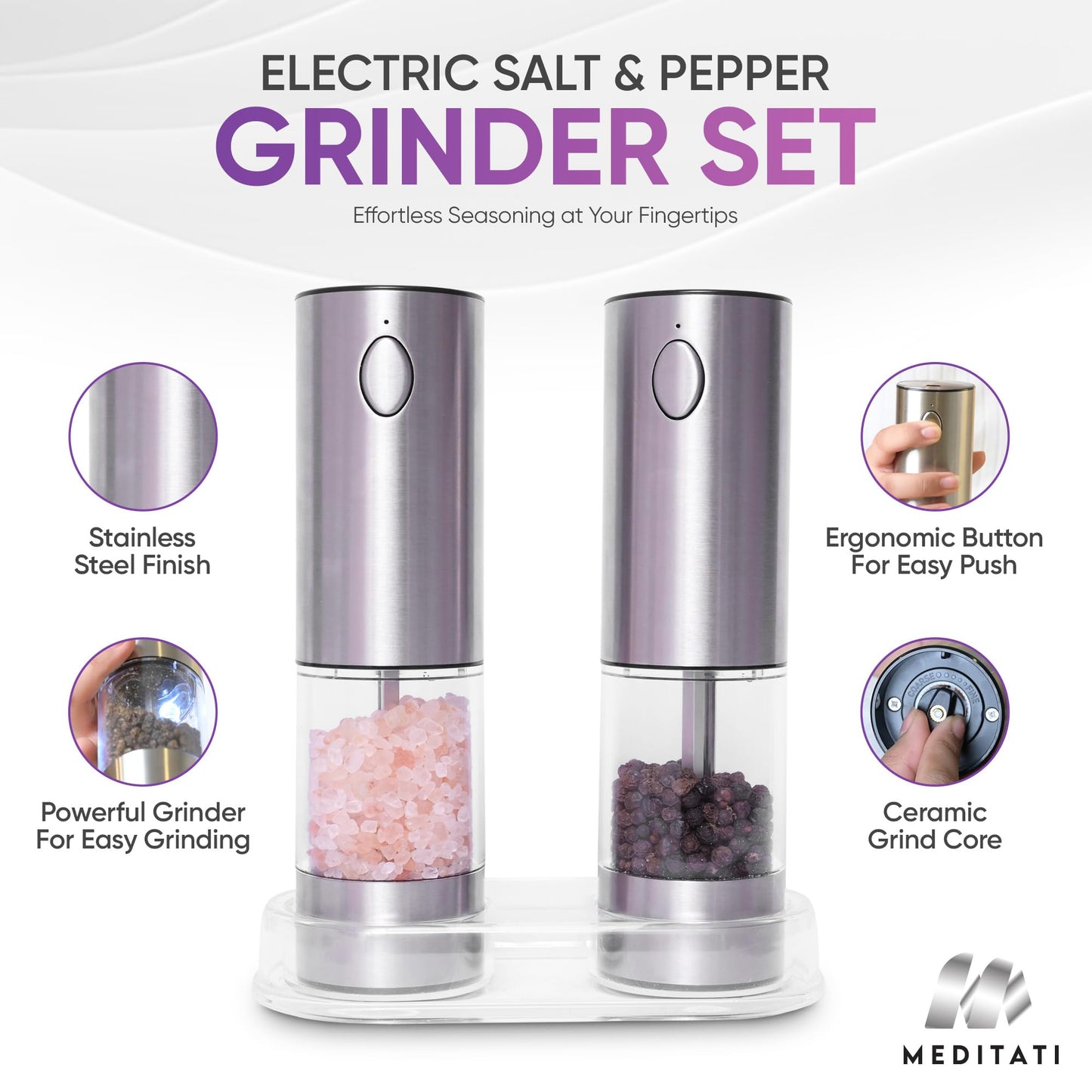 Meditati Rechargeable Automatic Salt and Pepper Grinder Set - One Hand Operation with LED Light for Precise Seasoning - Adjustable Coarseness with Ceramic Core - Set of 2