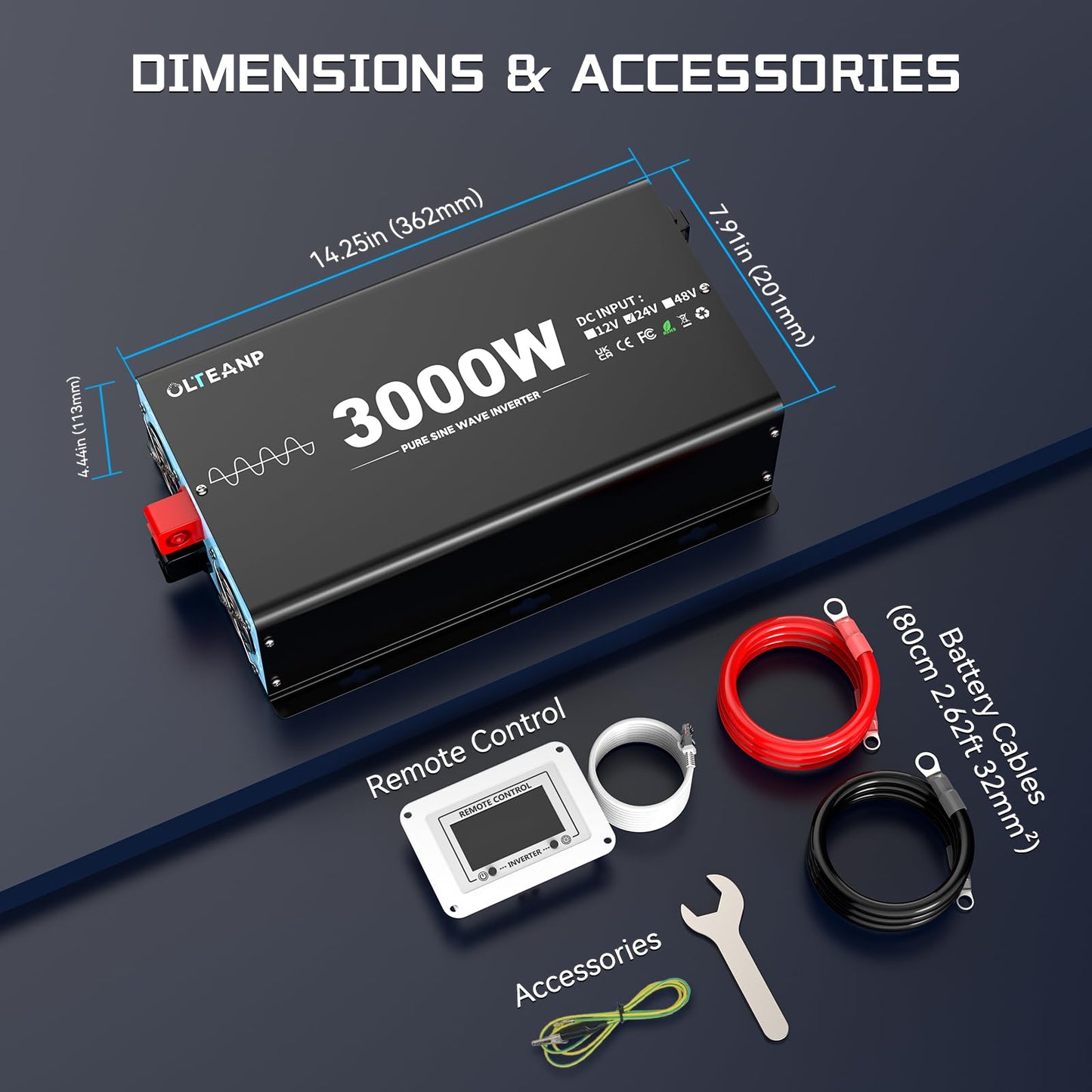 24V 3000 Watts Pure Sine Wave Inverter 24V DC to 110V AC, 6000W Peak Power, 4 AC Outlets, USB & Type-C Port, Adjustable Input for Lithium Battery, Solar/RV/Truck Backup with LCD Remote