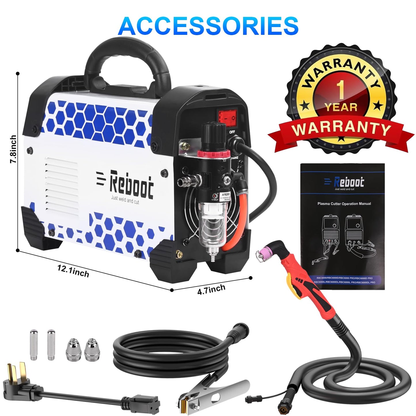 Reboot Pro 60A Plasma Cutter 2025, Pilot Arc Non-Contact Cutting, 120V/240V Dual Voltage,Large Digital Smart Screen with 250Amp MIG Welder TIG Torch Included 120V/240V RBM2500 PRO, 8-in-1 MAG/Lift TIG