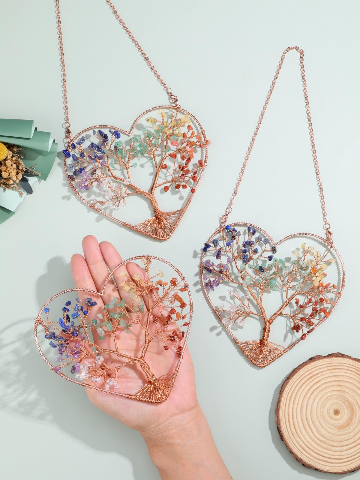 Jovivi 7 Chakra Heart Crystal Tree Hanging Ornament Healing Crystals Stones Gemstone Room Bedroom Wall Home Yoga Decor for Feng Shui Meditation Christmas Tree Ornament