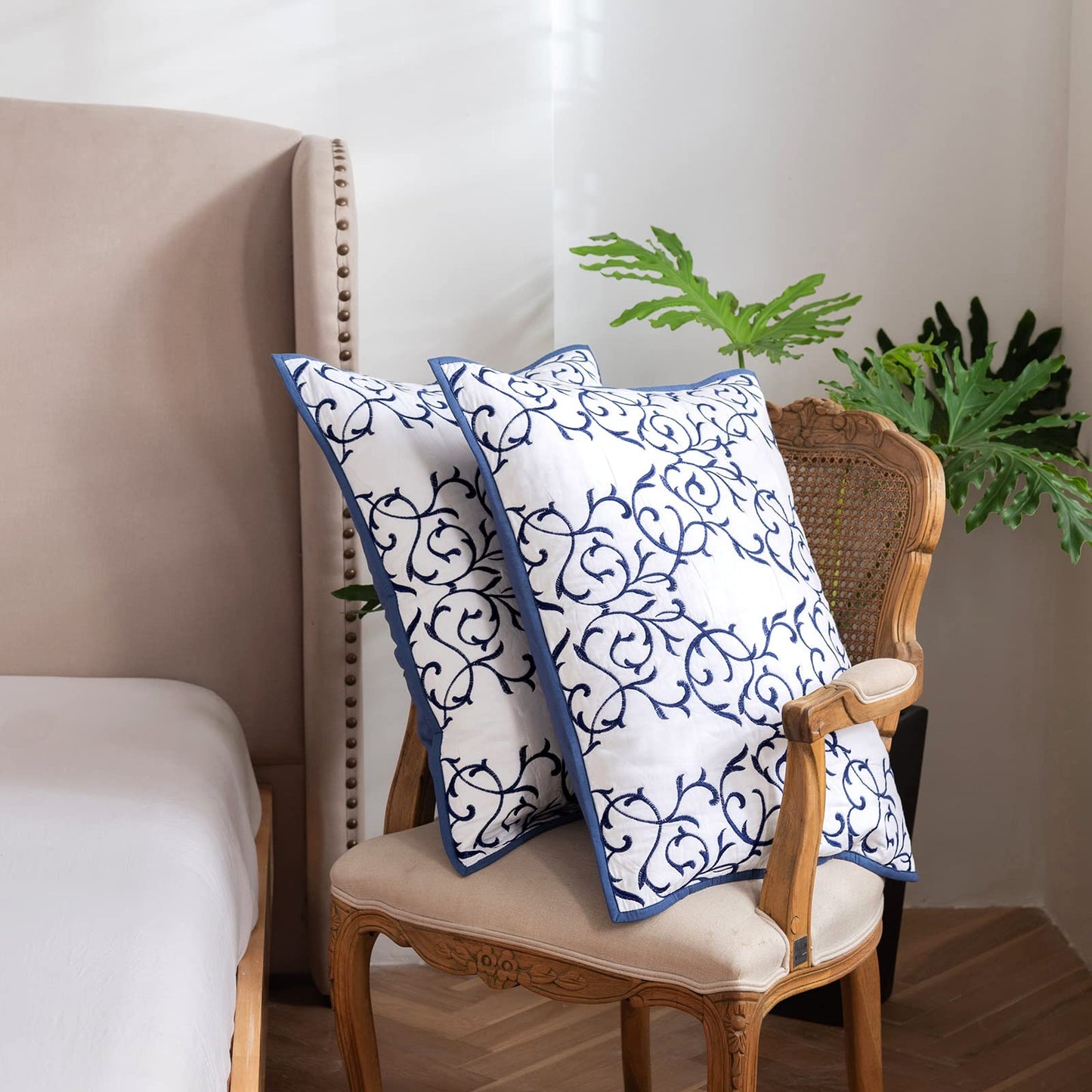 mixinni 2-Piece King Size Soft Microfiber Royal Blue Quilted Embroidery Floral Pattern Pillow Shams-20" x 36"