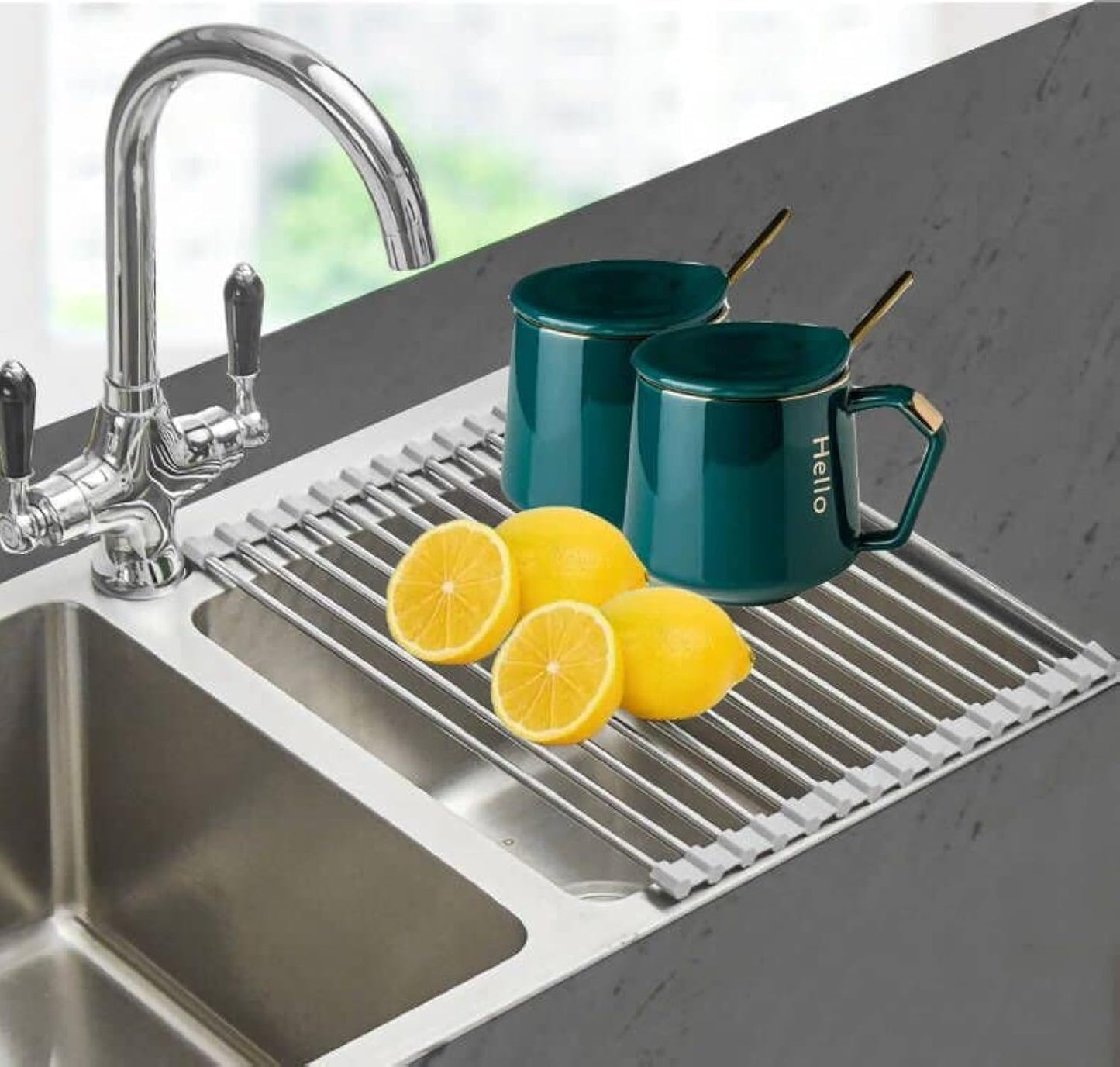 Ahyuan Roll up Dish Drying Rack Over The Sink Kitchen Roll up Sink Drying Rack Portable Dish Drainer Foldable Dish Drying Rack (Warm Gray, 17.8''X17'')